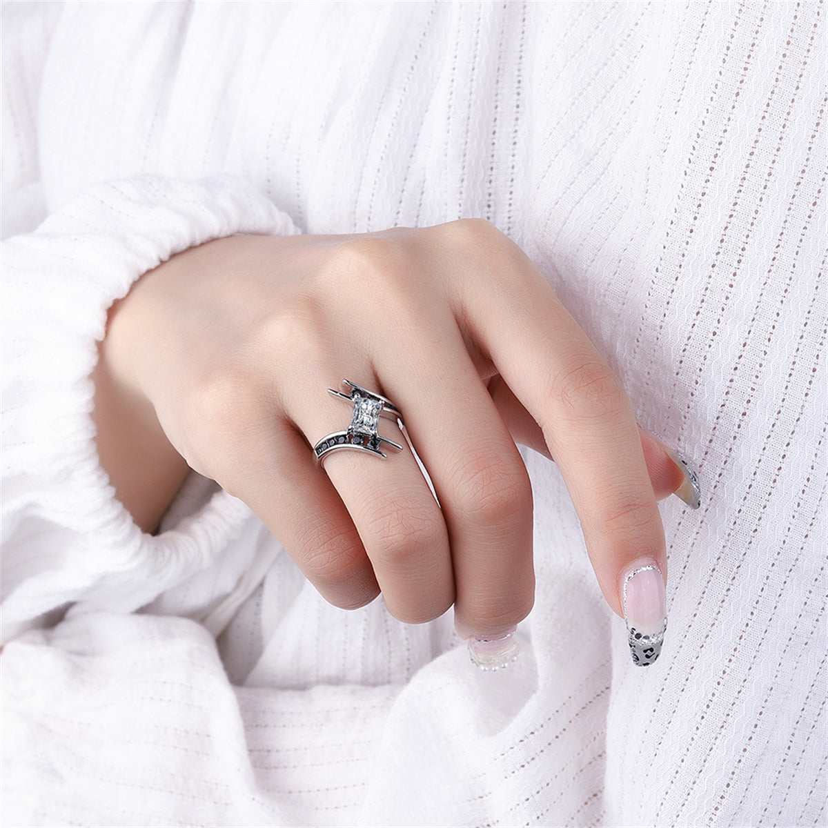 Black Cubic Zirconia & Crystal Silvertone Ring
