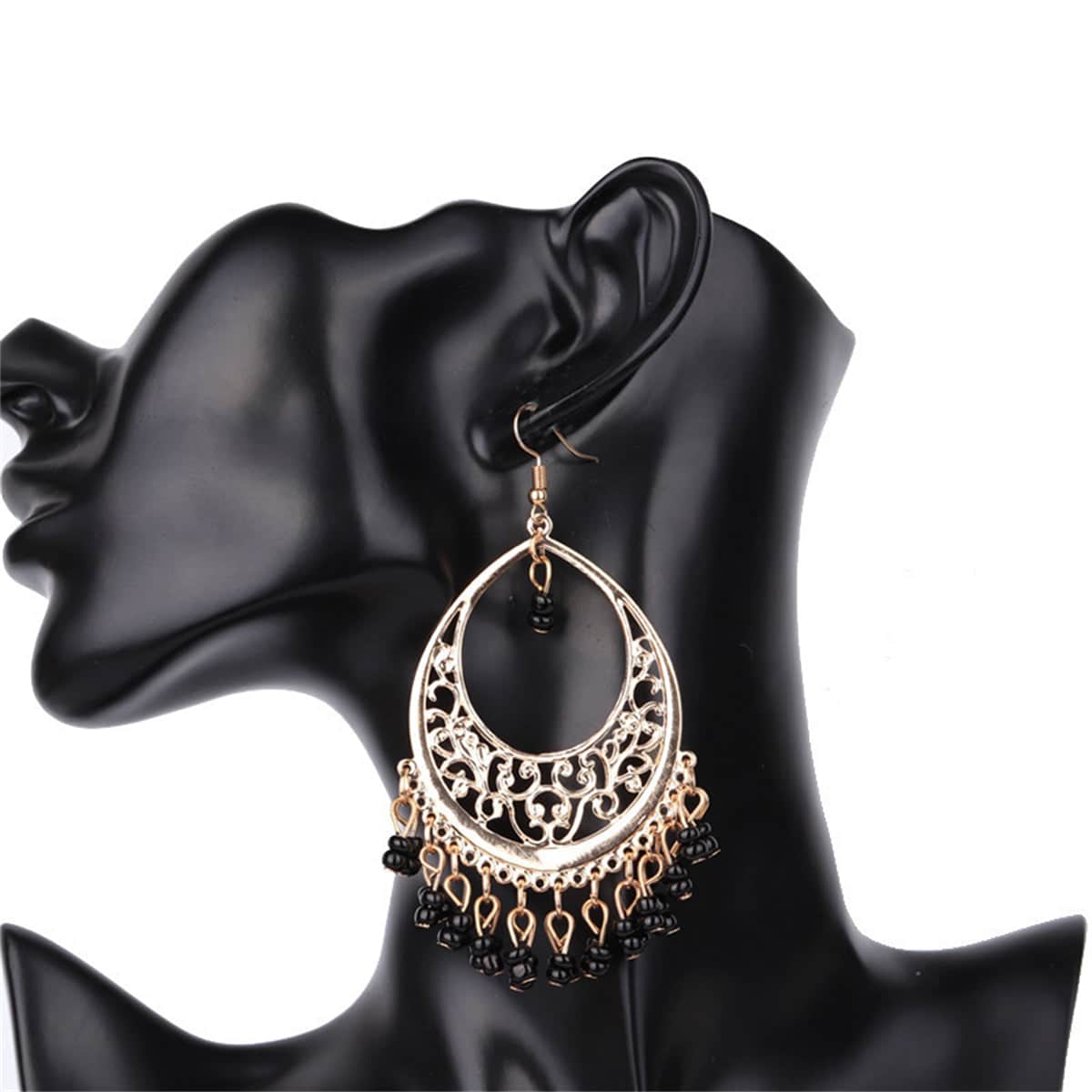 Black Turquoise & Goldtone Openwork Drop Earrings