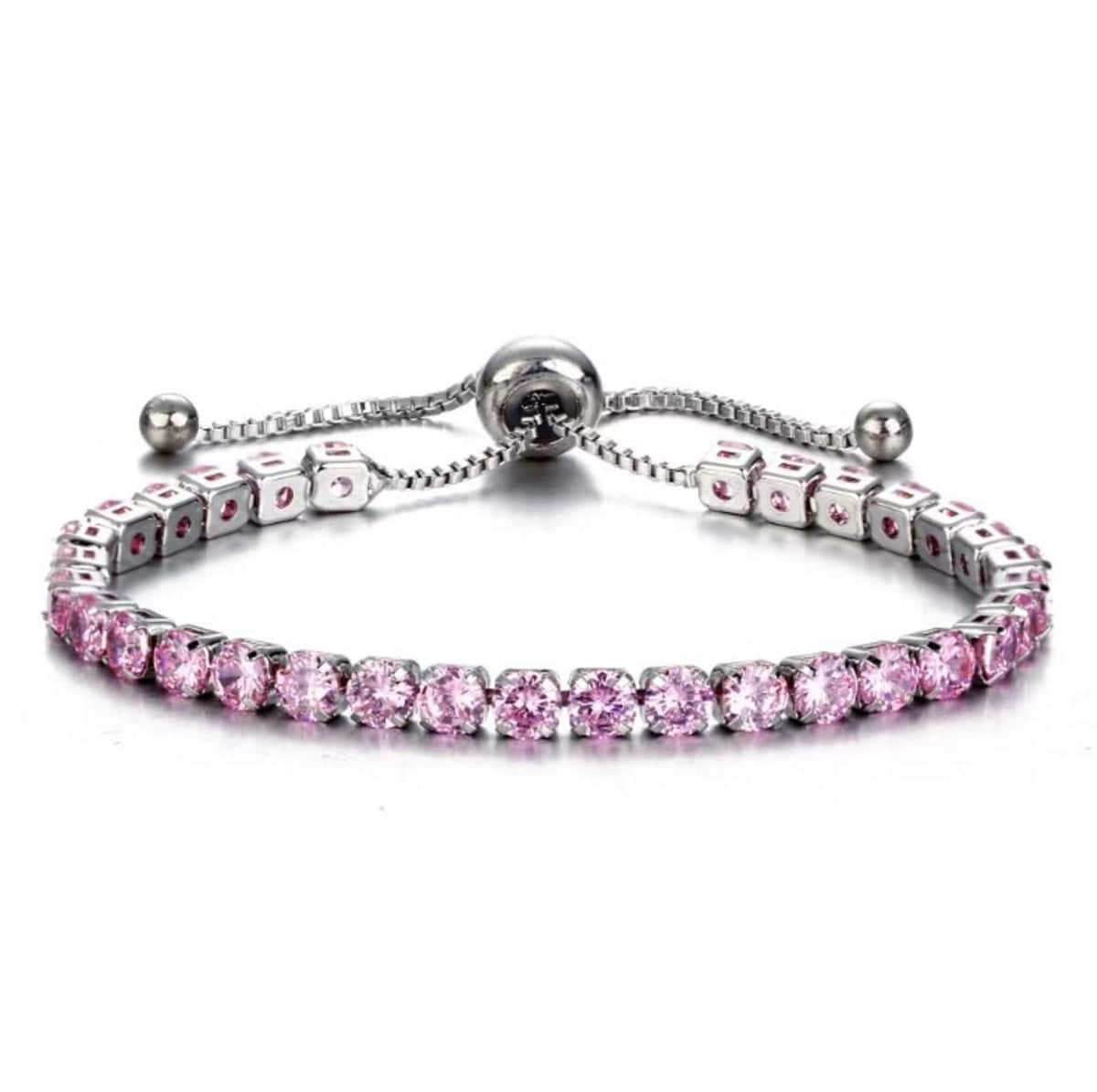 Pink Cubic Zirconia & Silvertone Adjustable Link Bracelet