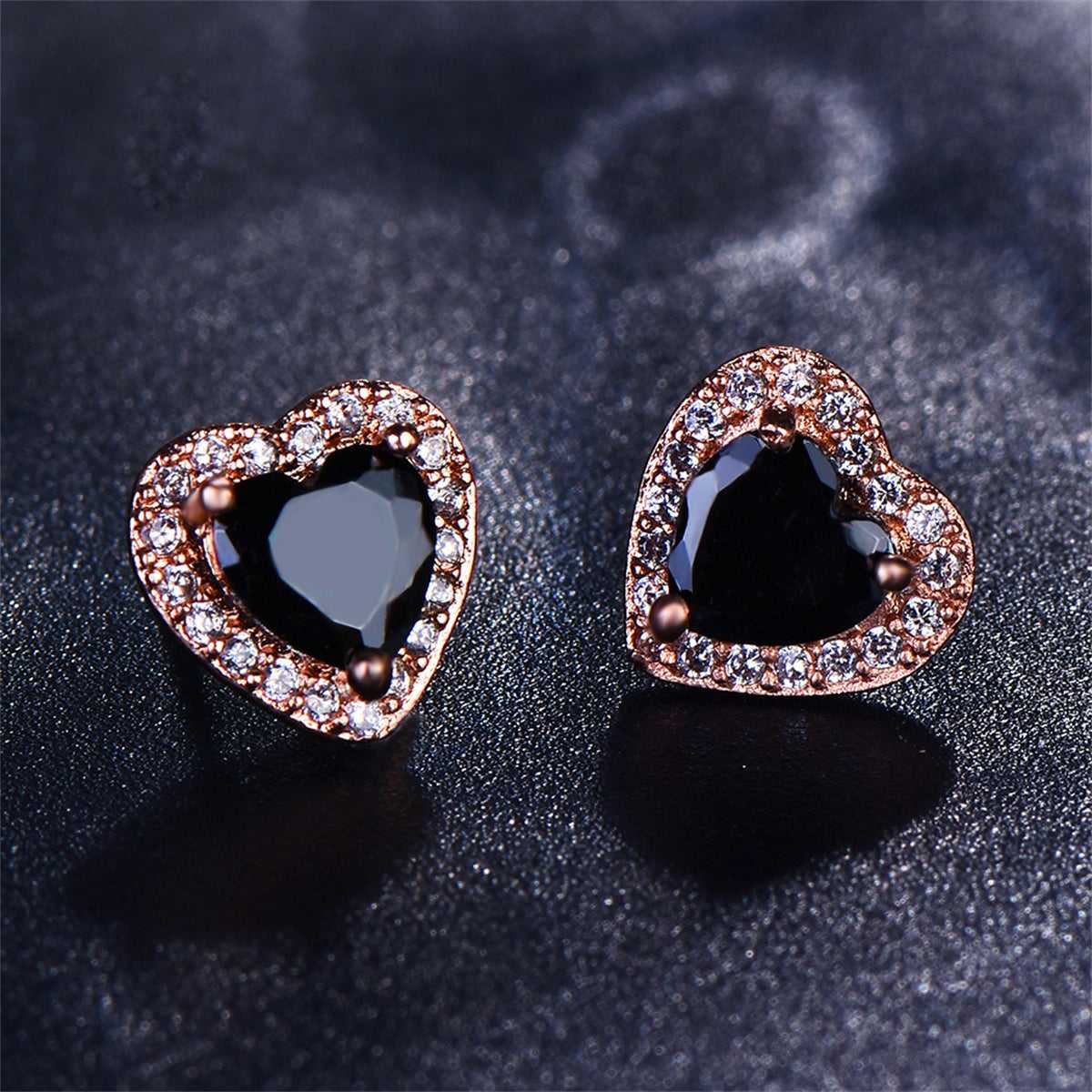 Black Crystal & Cubic Zirconia Rose Goldtone Halo Heart Stud Earrings