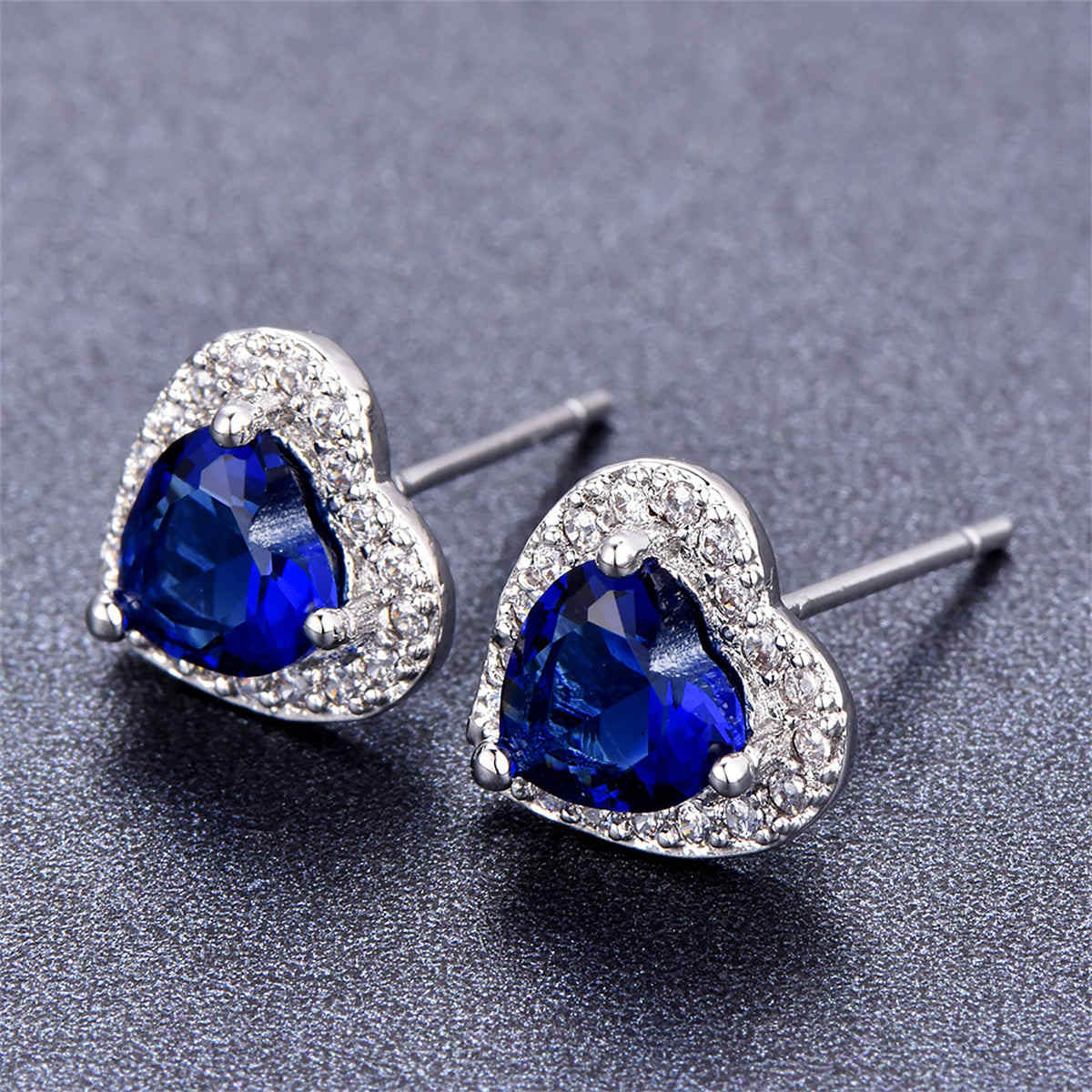 Navy Crystal & Cubic Zirconia Silvertone Halo Heart Stud Earrings