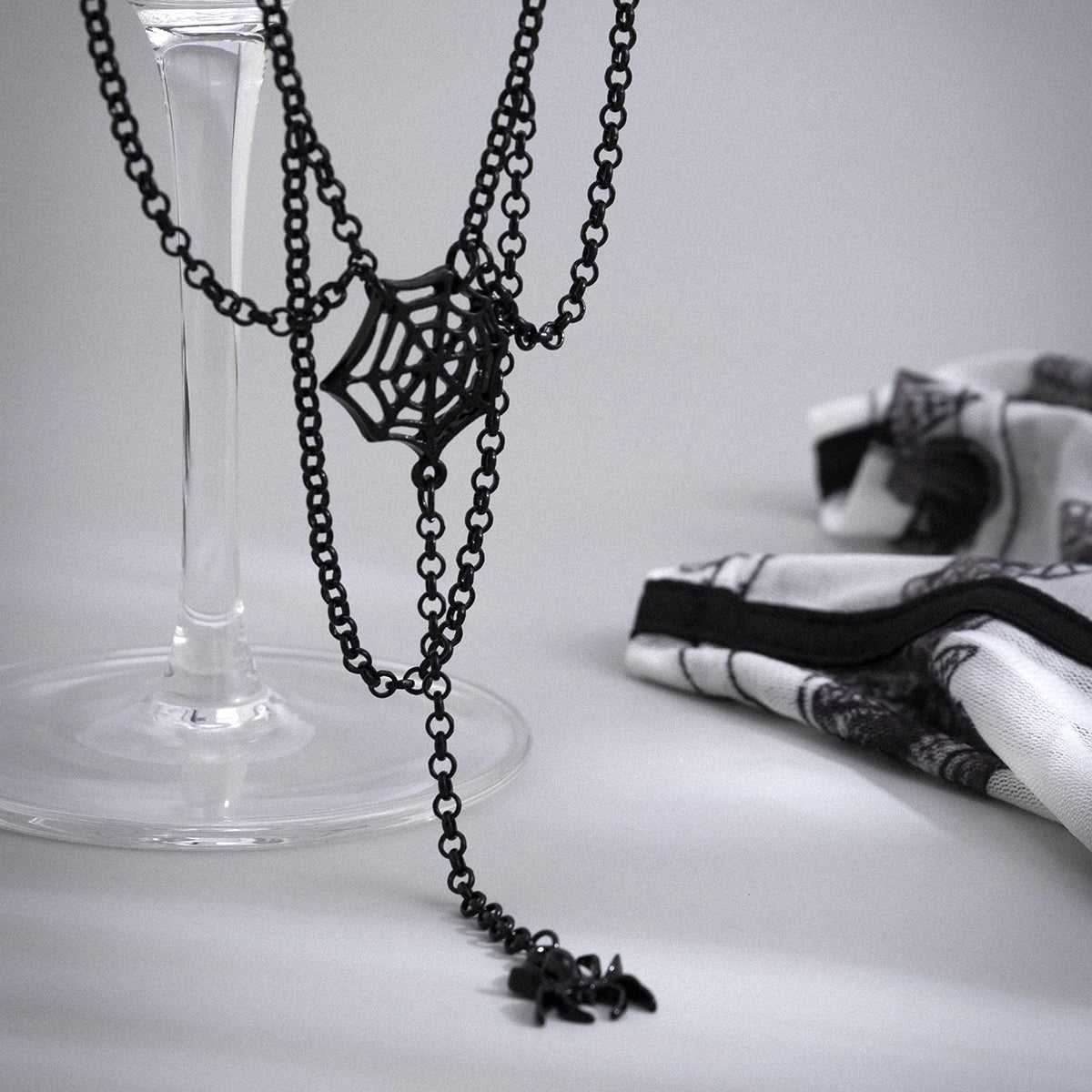 Black Cobweb & Spider Layered Pendant Necklace