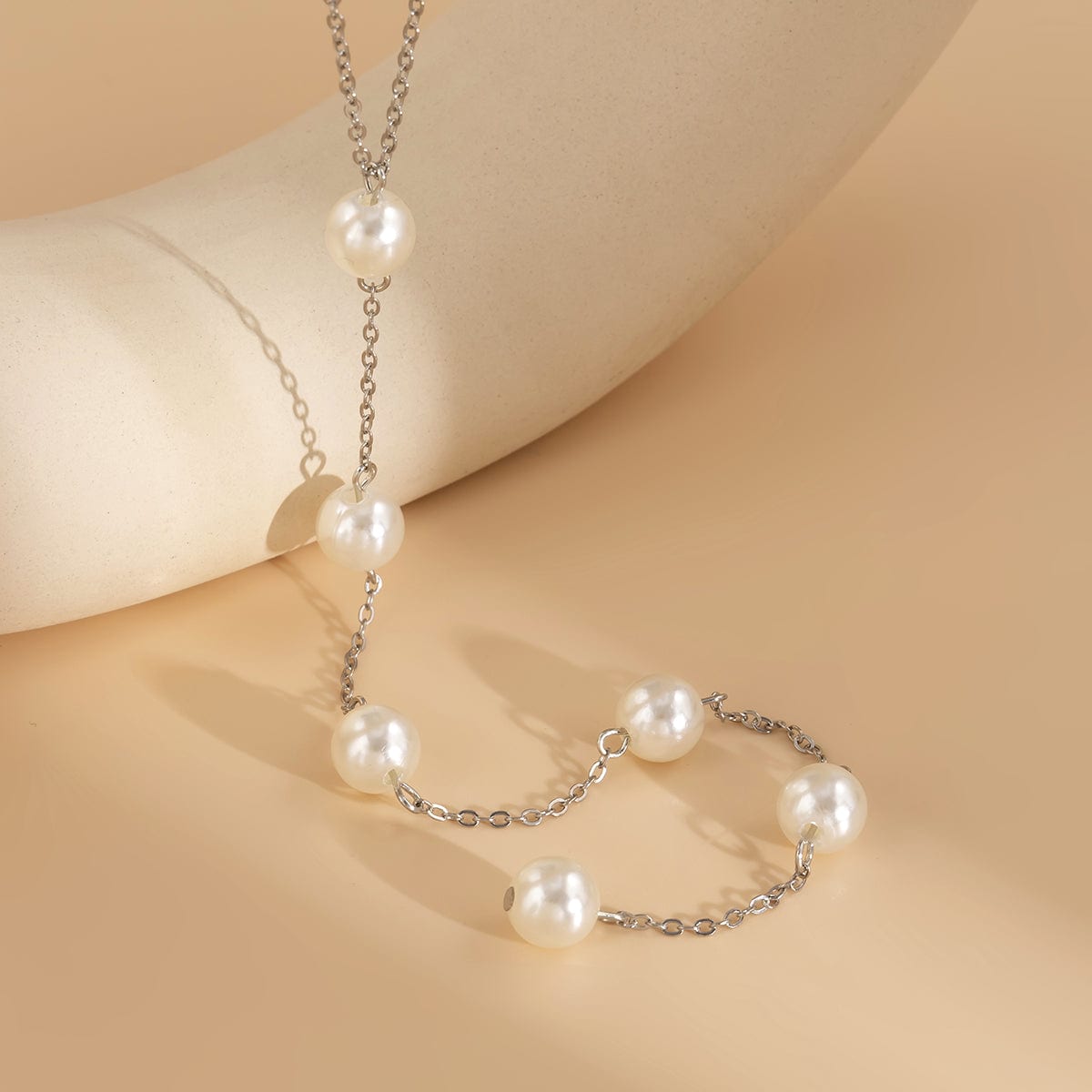 Pearl & Silvertone Lariat Necklace