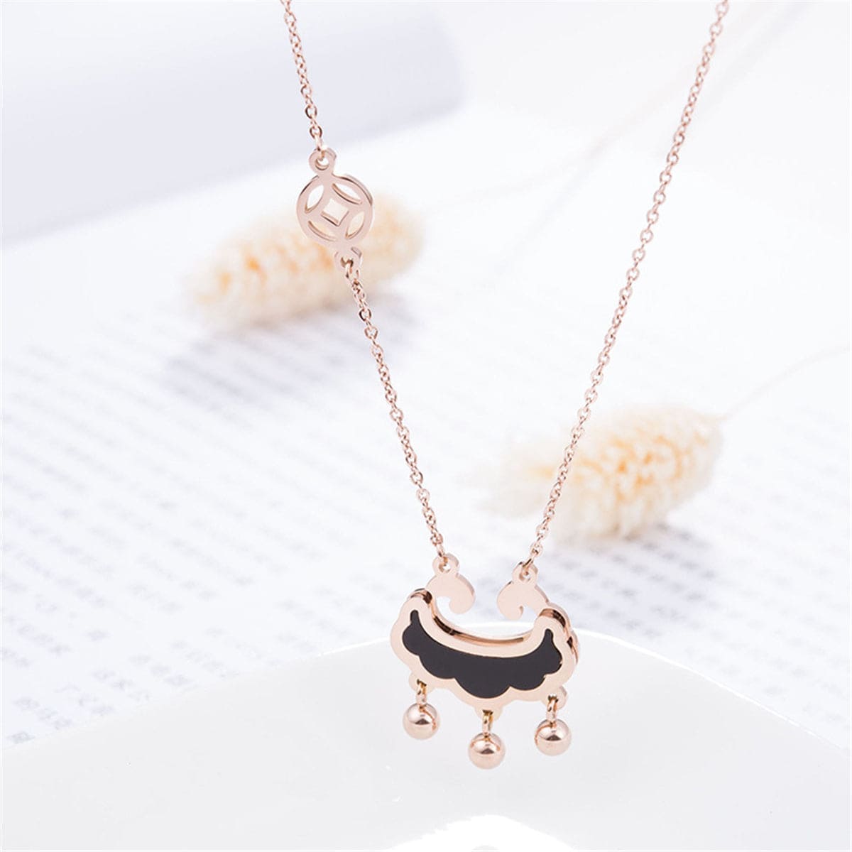 Black Acrylic & Rose Goldtone Lock of Longevity Abstract Pendant Necklace