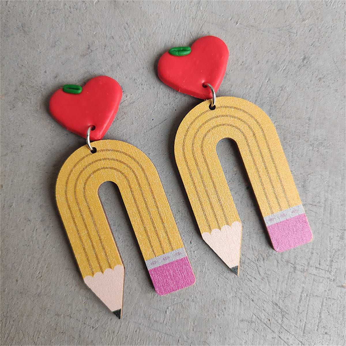 Yellow Wood & Silvertone Heart Pencil Drop Earrings