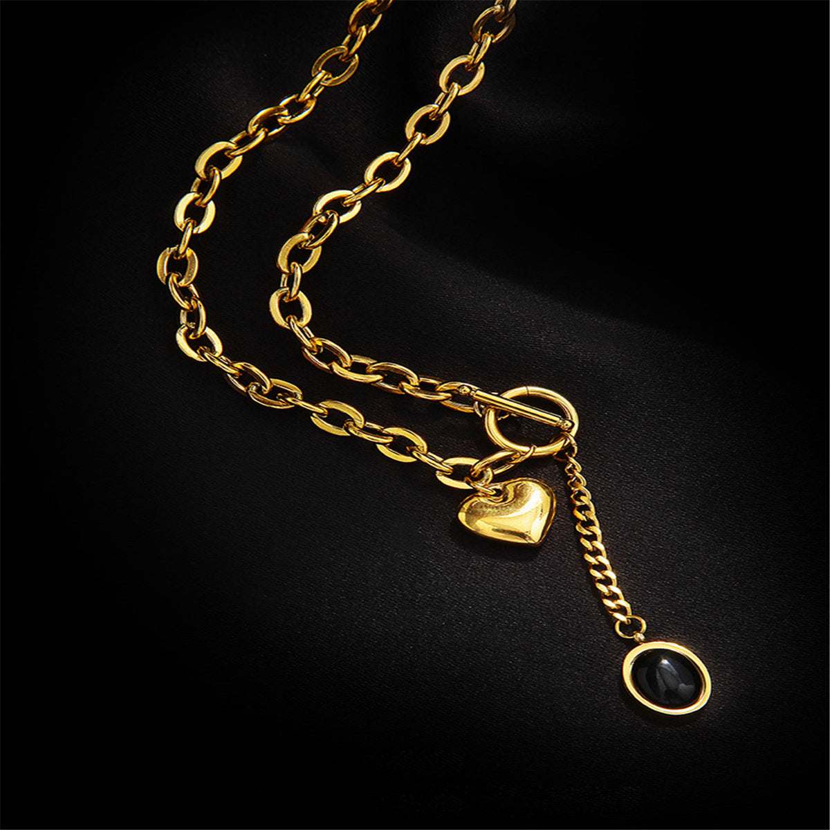 Black Crystal & Goldtone Heart Drop Pendant Necklace