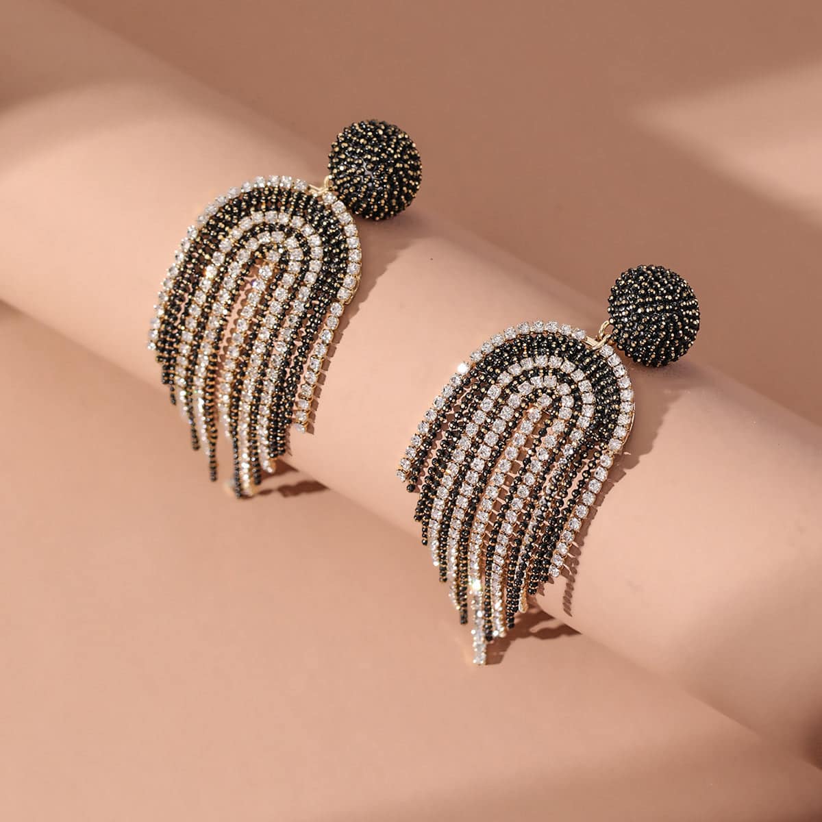 Black Acrylic & Cubic Zirconia Goldtone Tassel Drop Earrings
