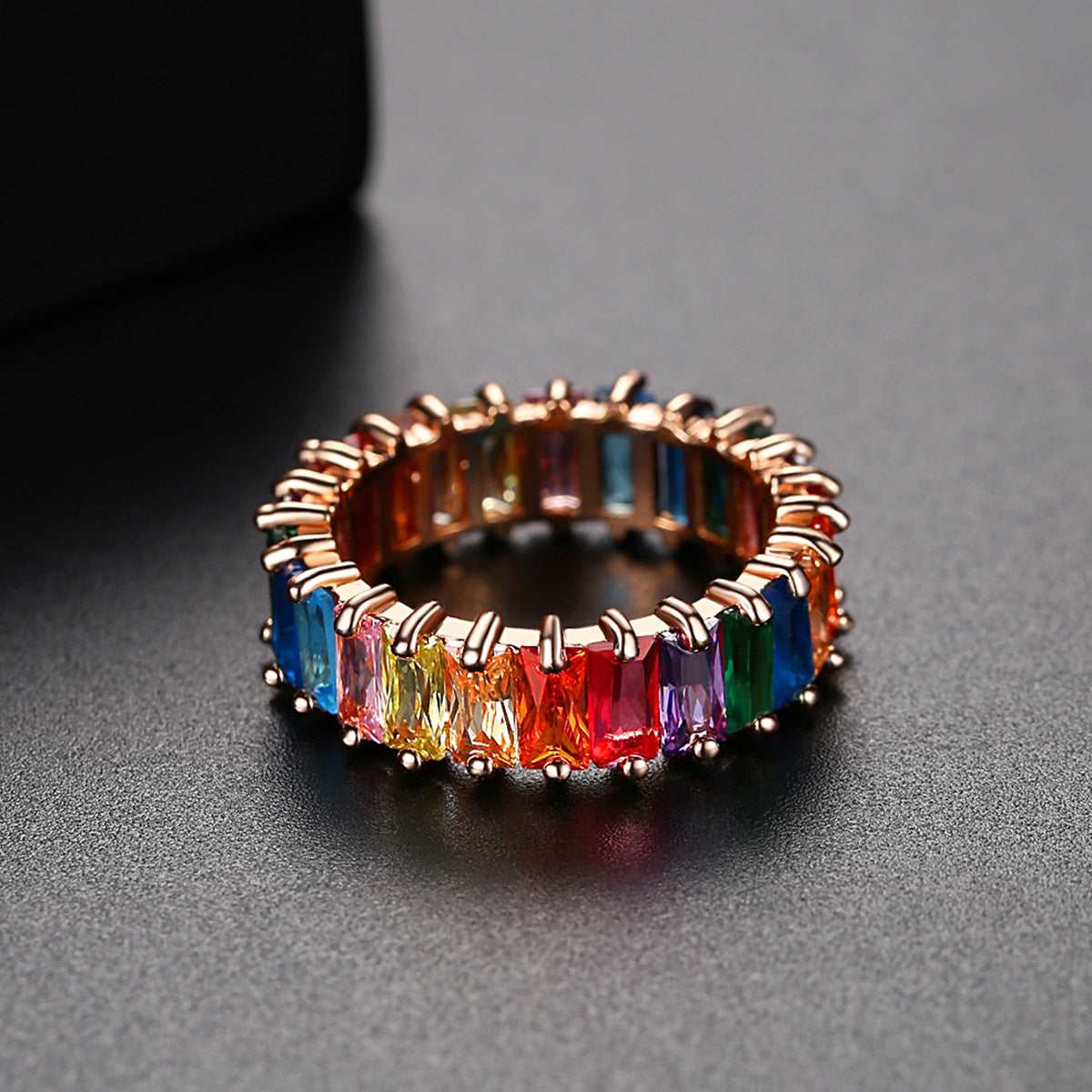 Blue Rainbow Crystal & Goldtone Band Ring