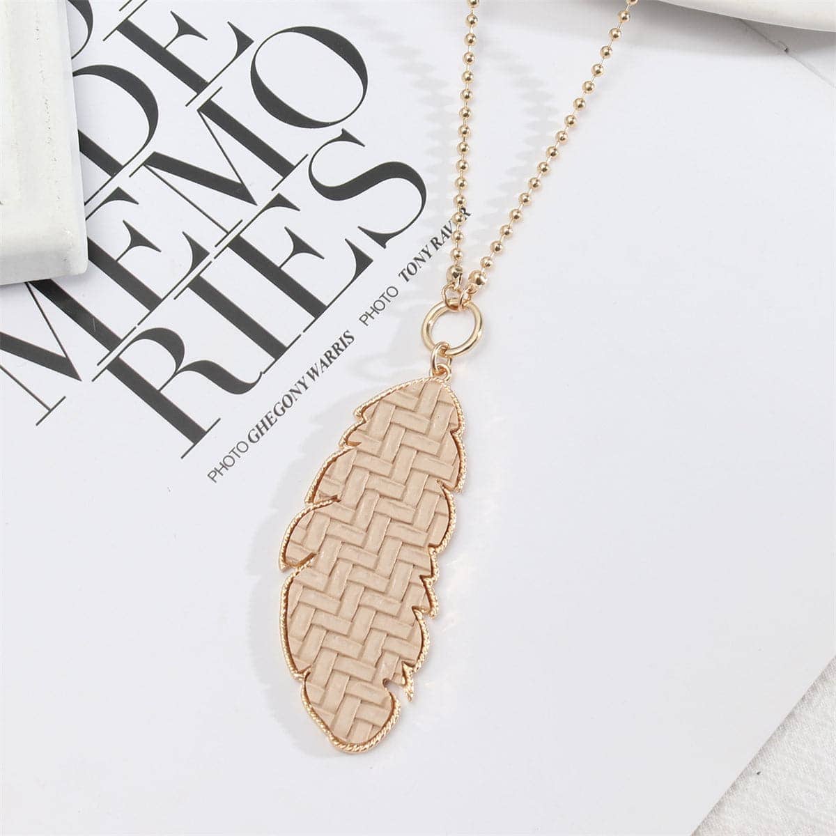 Beige Polyurethane & Goldtone Weave Leaf Pendant Necklace