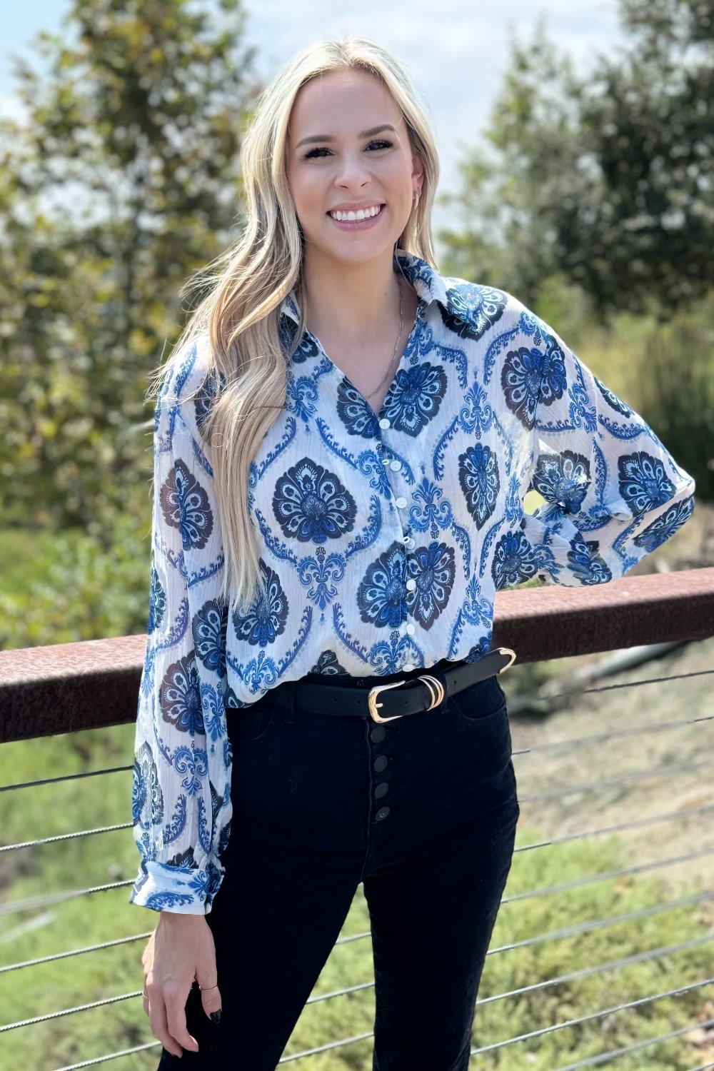 Threaded Pear Mila Pattern Button Top