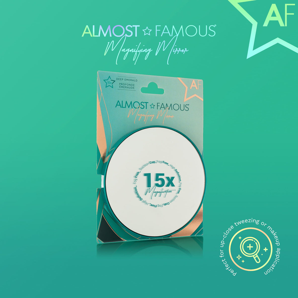 ALMOST FAMOUS - 15X Magnifying Vanity Mirror with Suction Cup – Close-Up Makeup & Tweezing Mirror