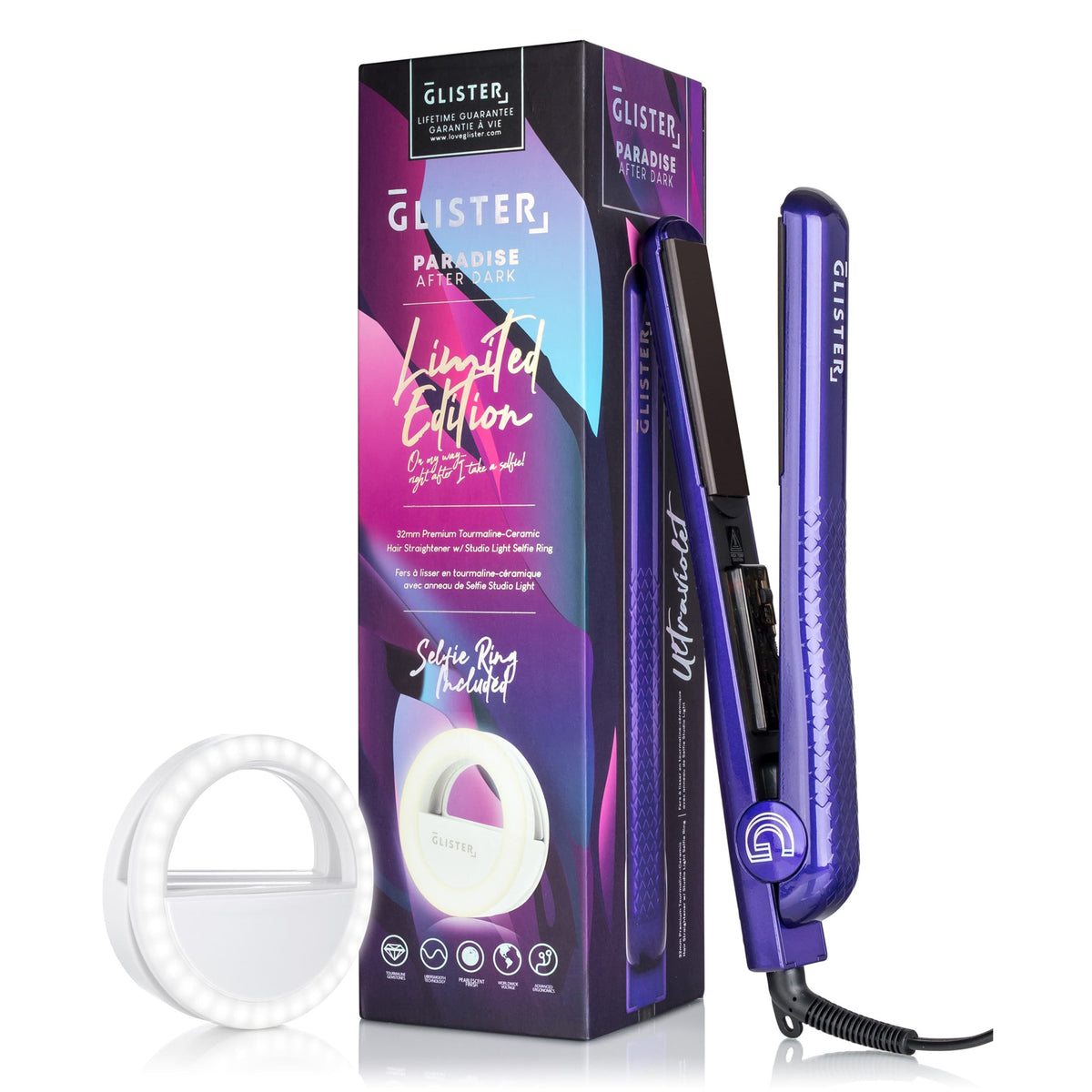 GLISTER - Limited Edition 1.25" "Paradise After Dark" Flat Iron (with Selfie Ring Included)