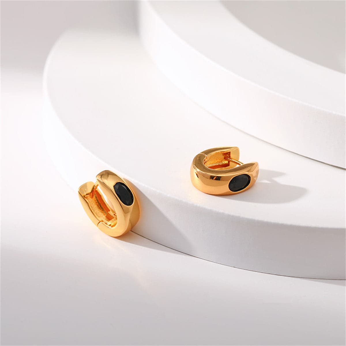 Black Crystal & Goldtone Huggie Earrings