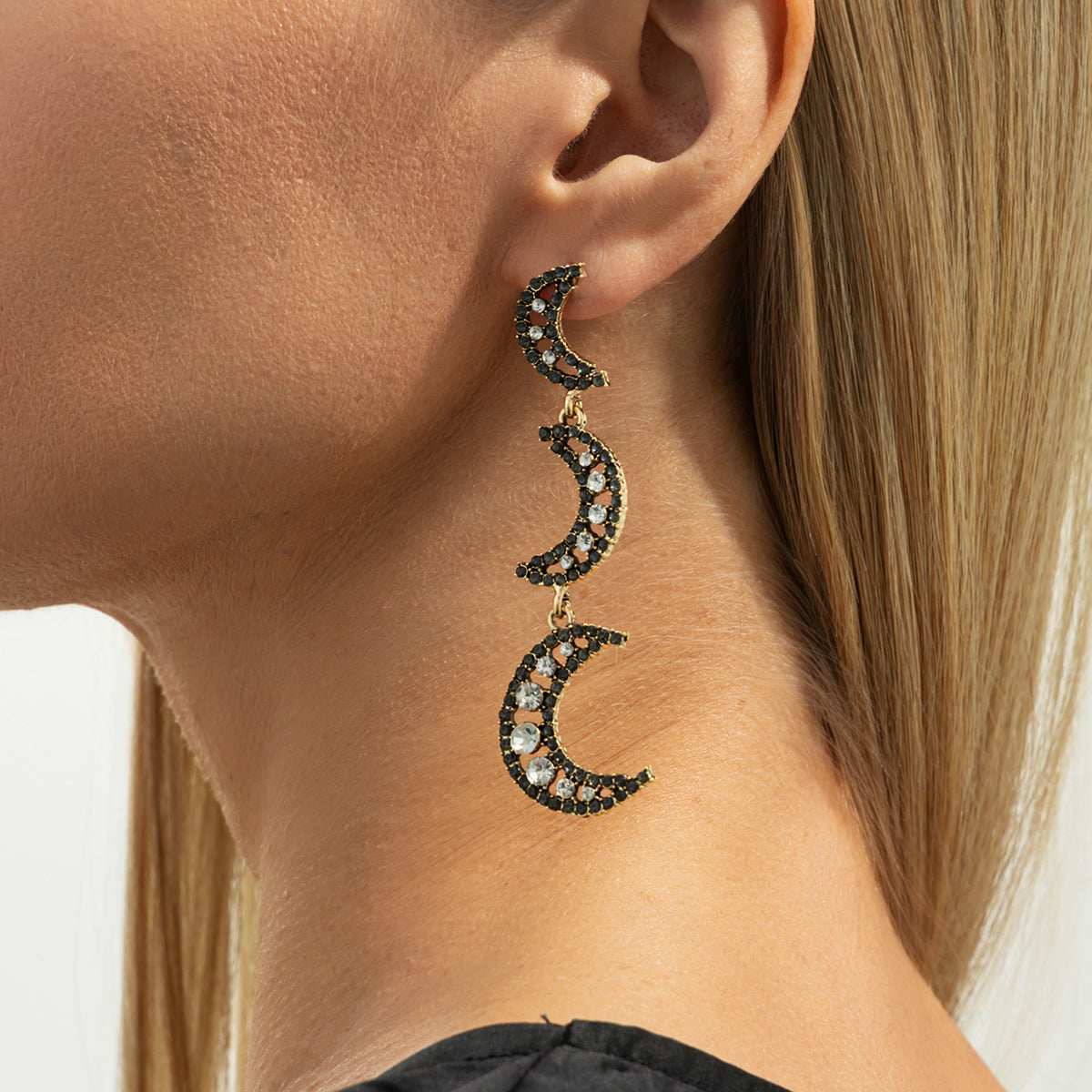 Black Cubic Zirconia & Goldtone Tiered Moon Dangle Earrings