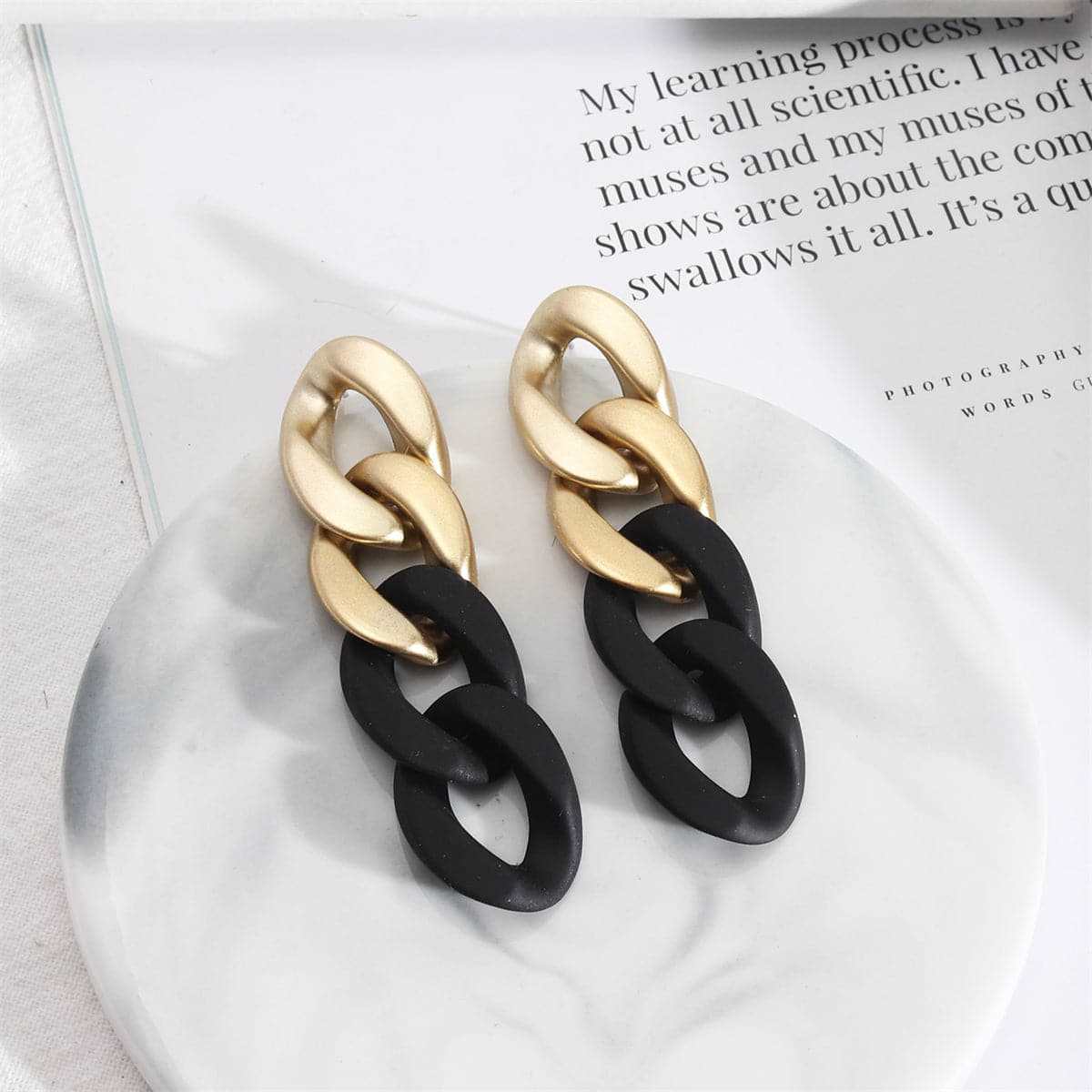Black Acrylic & Goldtone Curb Chain Drop Earrings