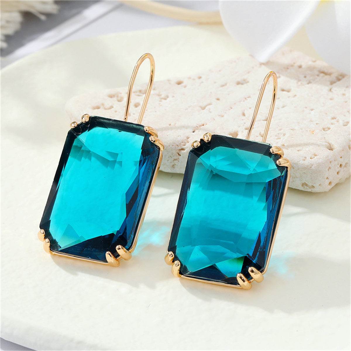 Dark Blue Crystal & Goldtone Radiant-Cut Drop Earrings