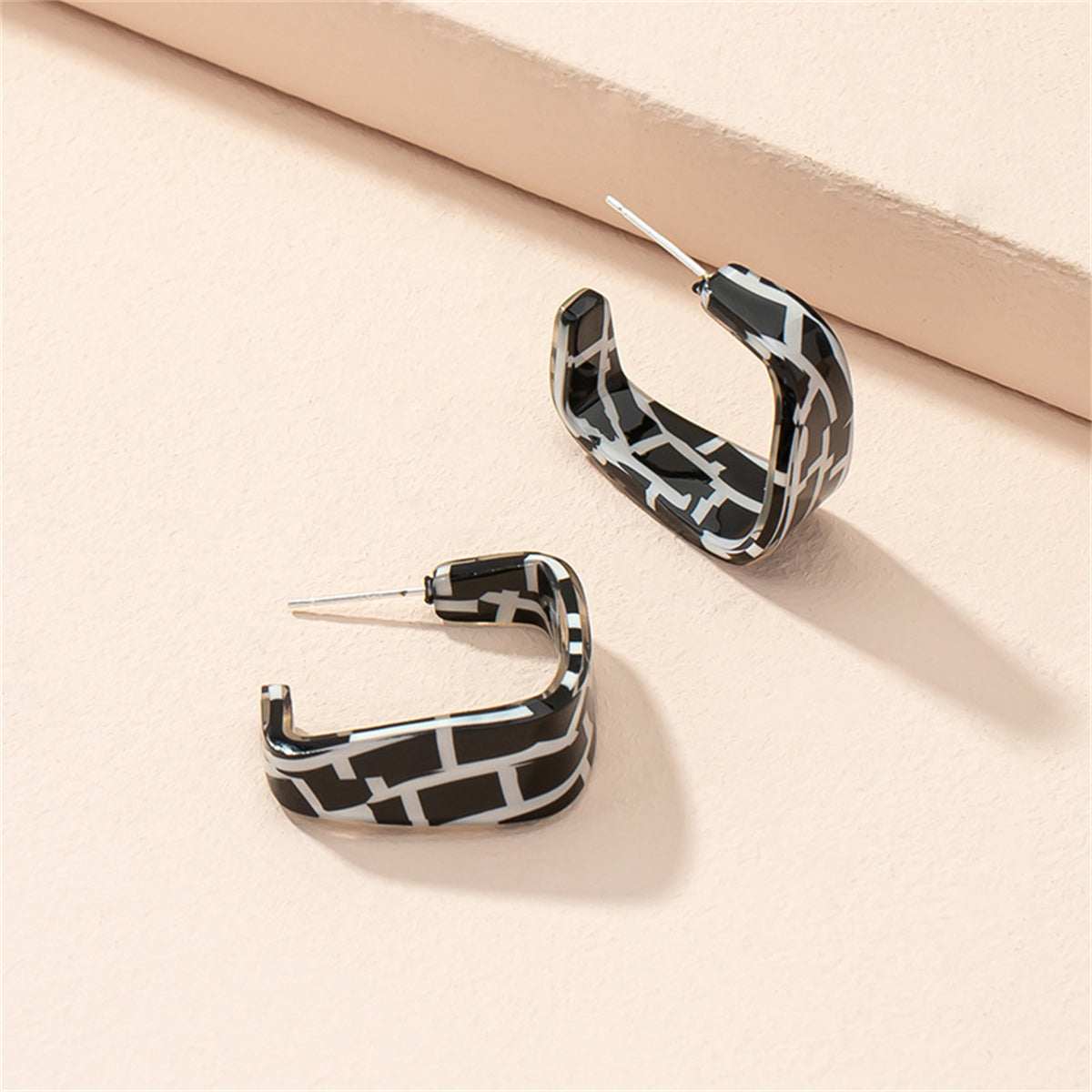 Black Acrylic & Silvertone Mosaic Square Huggie Earring