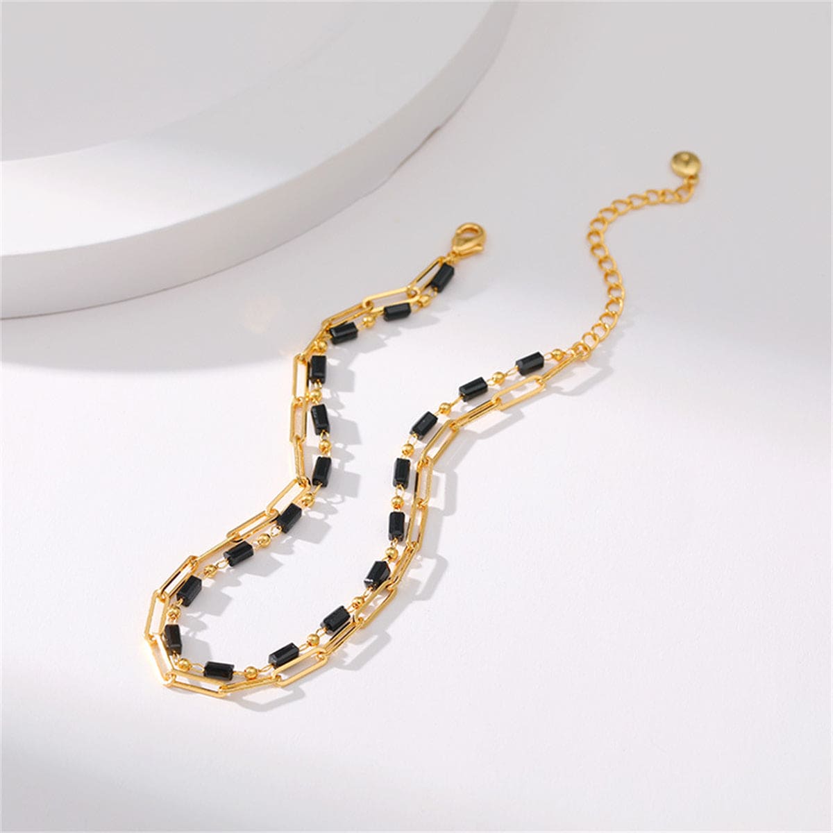 Black Acrylic & Goldtone Bead Chain Layered Anklet