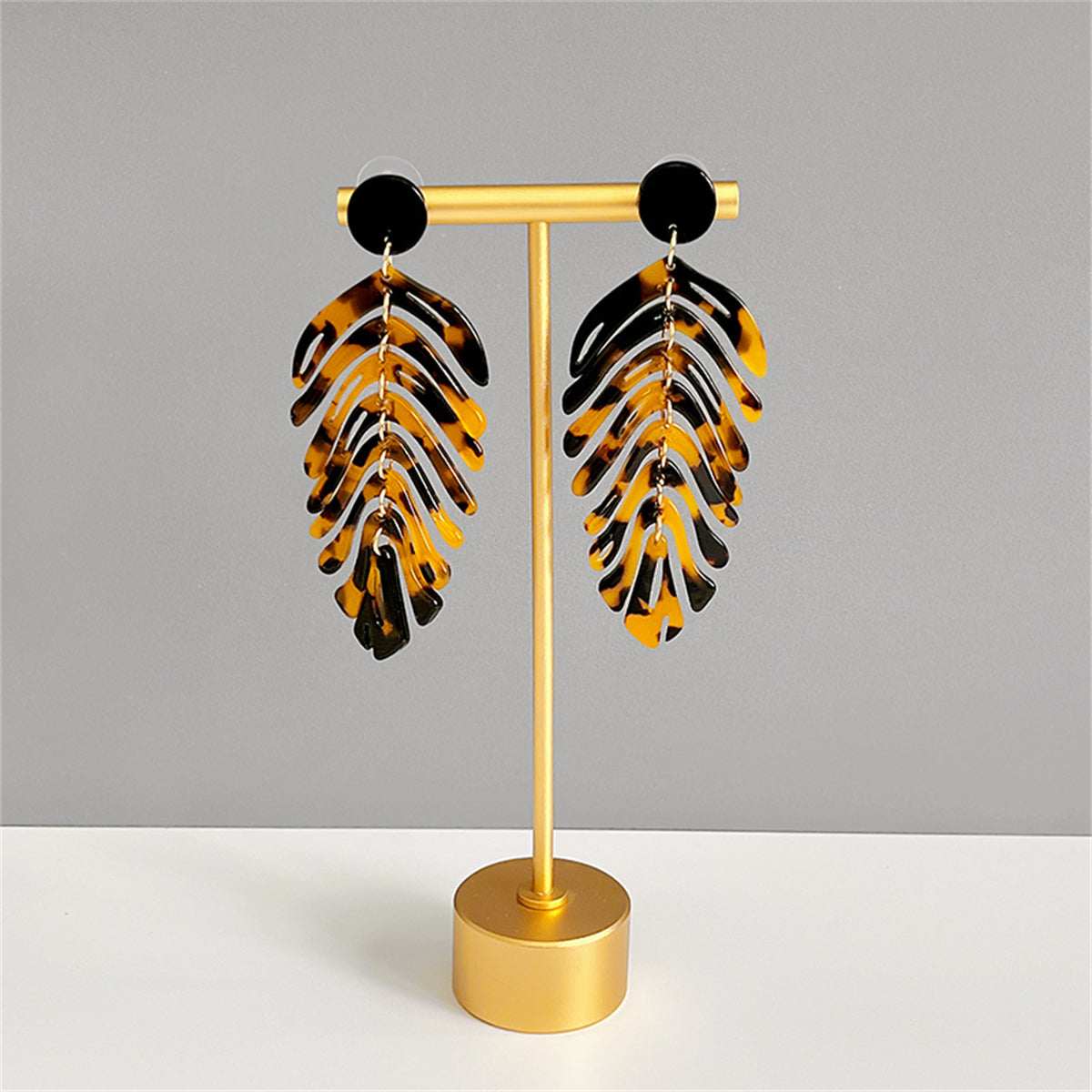 Black Acrylic & Goldtone Speckled Leaf Drop Earrings