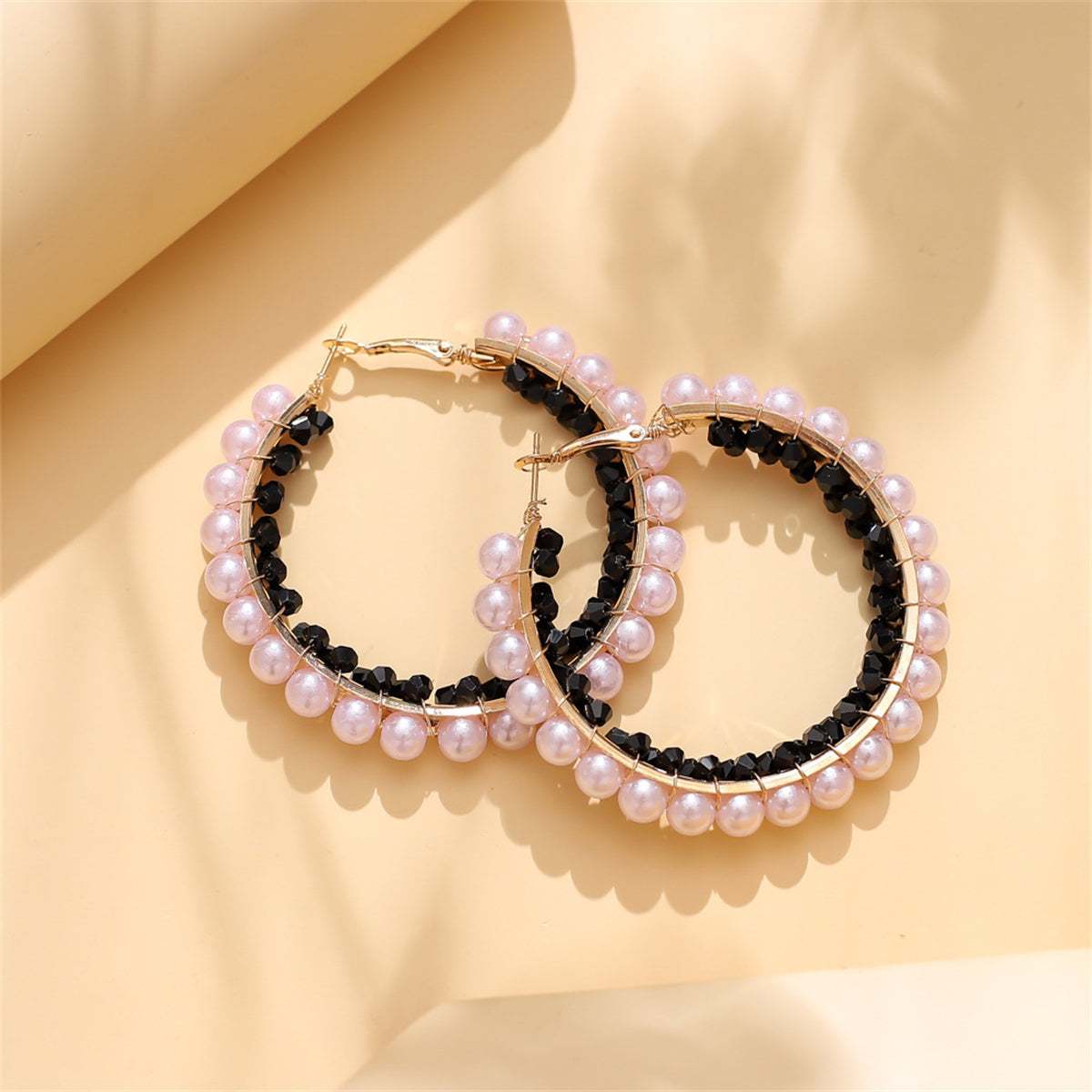 Black Acrylic & Pearl Goldtone Hoop Earrings