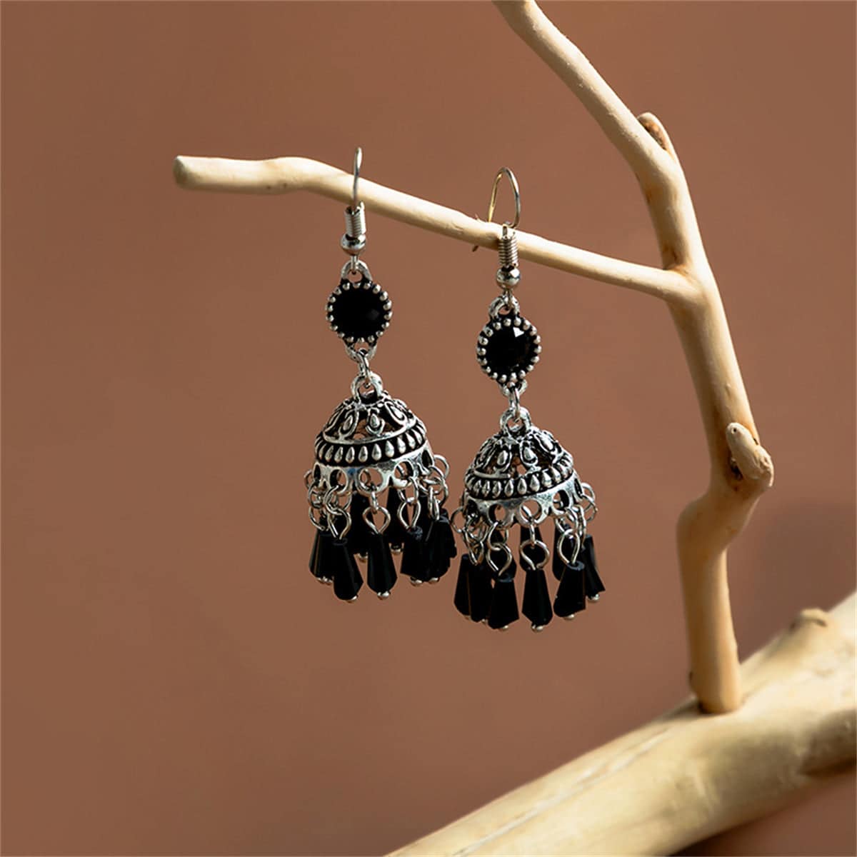 Black Acrylic & Silvertone Boho Tassel Drop Earrings