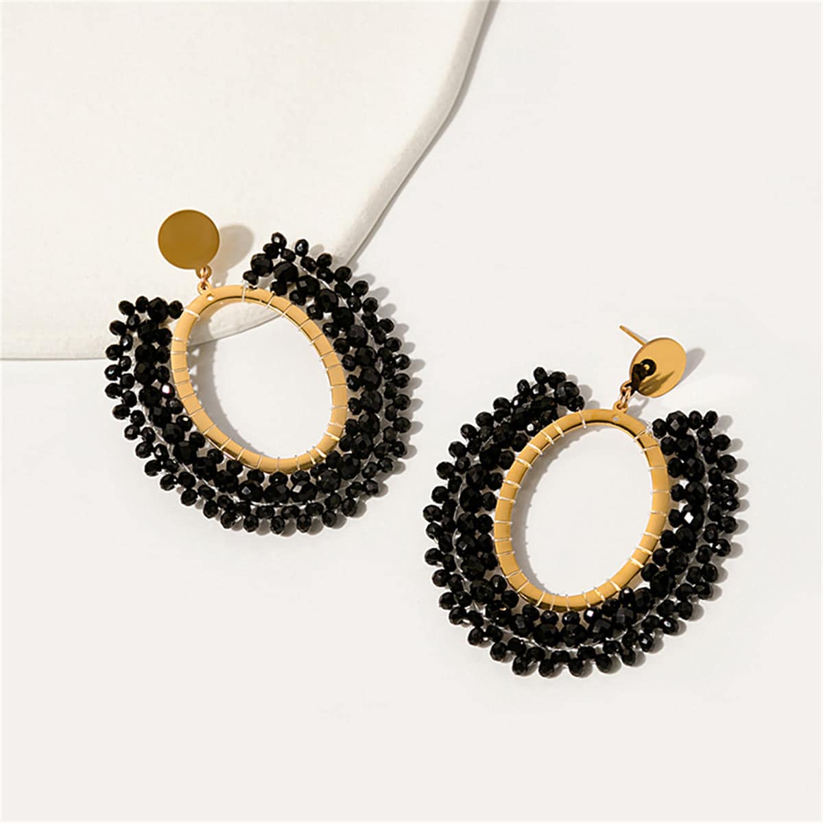 Black Acrylic & Goldtone Bead-Detail Oval Drop Earrings