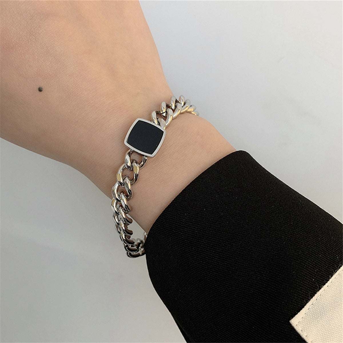 Black & Stainless Steel Square Charm Bracelet