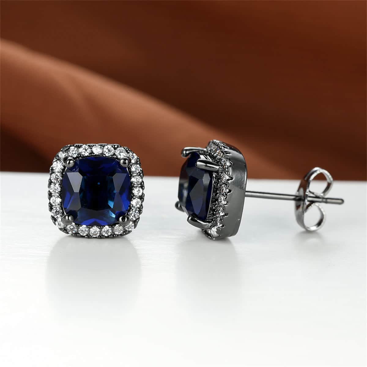 Navy Princess Crystal & Blacktone Halo Stud Earrings
