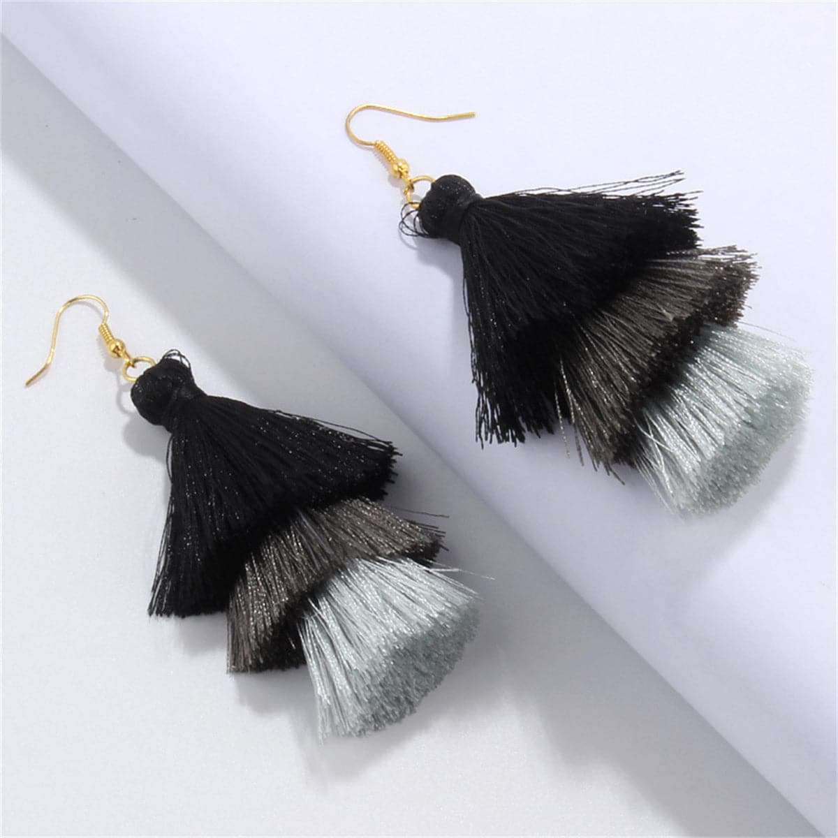 Black & Gray Tiered Tassel Drop Earrings