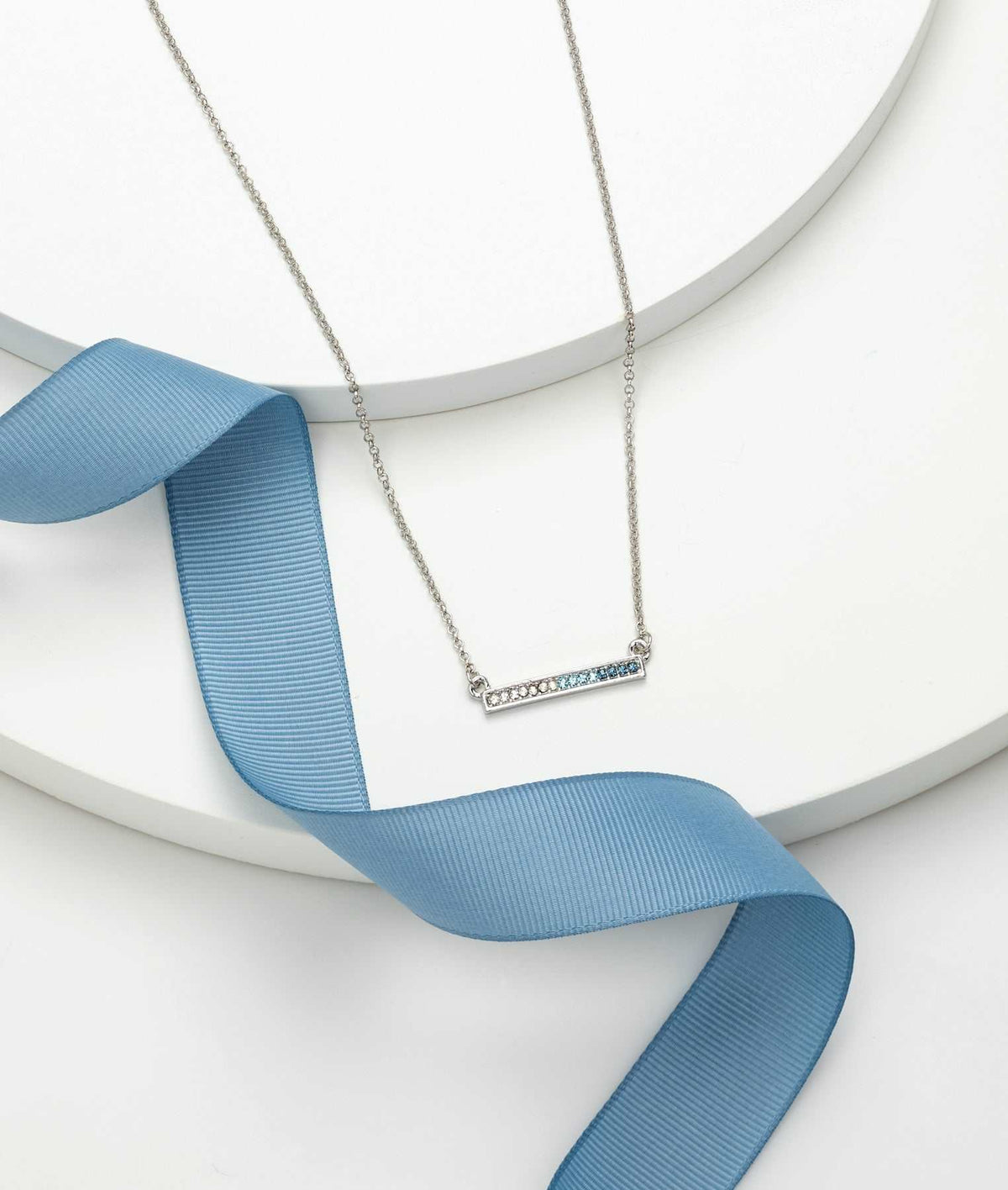 Blue Ombre Swarovski Crystal Necklace – Goldtone Silk Swarovski Crystal Bar Necklace