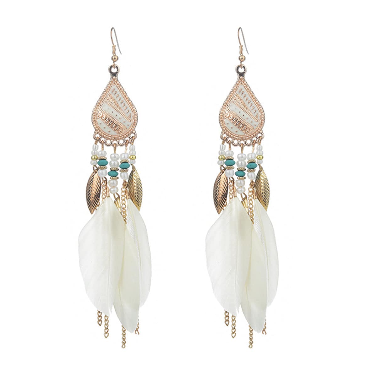 Beige Feather & Goldtone Feather Drop Earrings