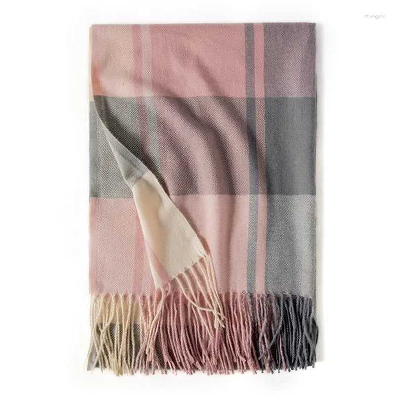 Cozy Plaid Fringe Trimmed Scarf in Grey Pink