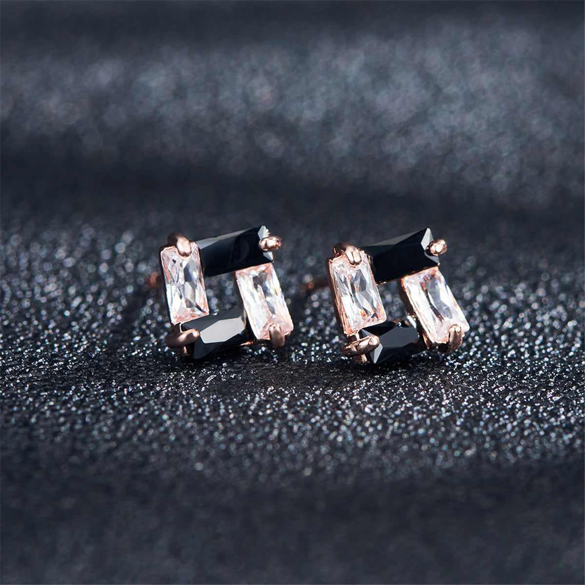 Black Cubic Zirconia & Rose Goldtone Square Stud Earrings