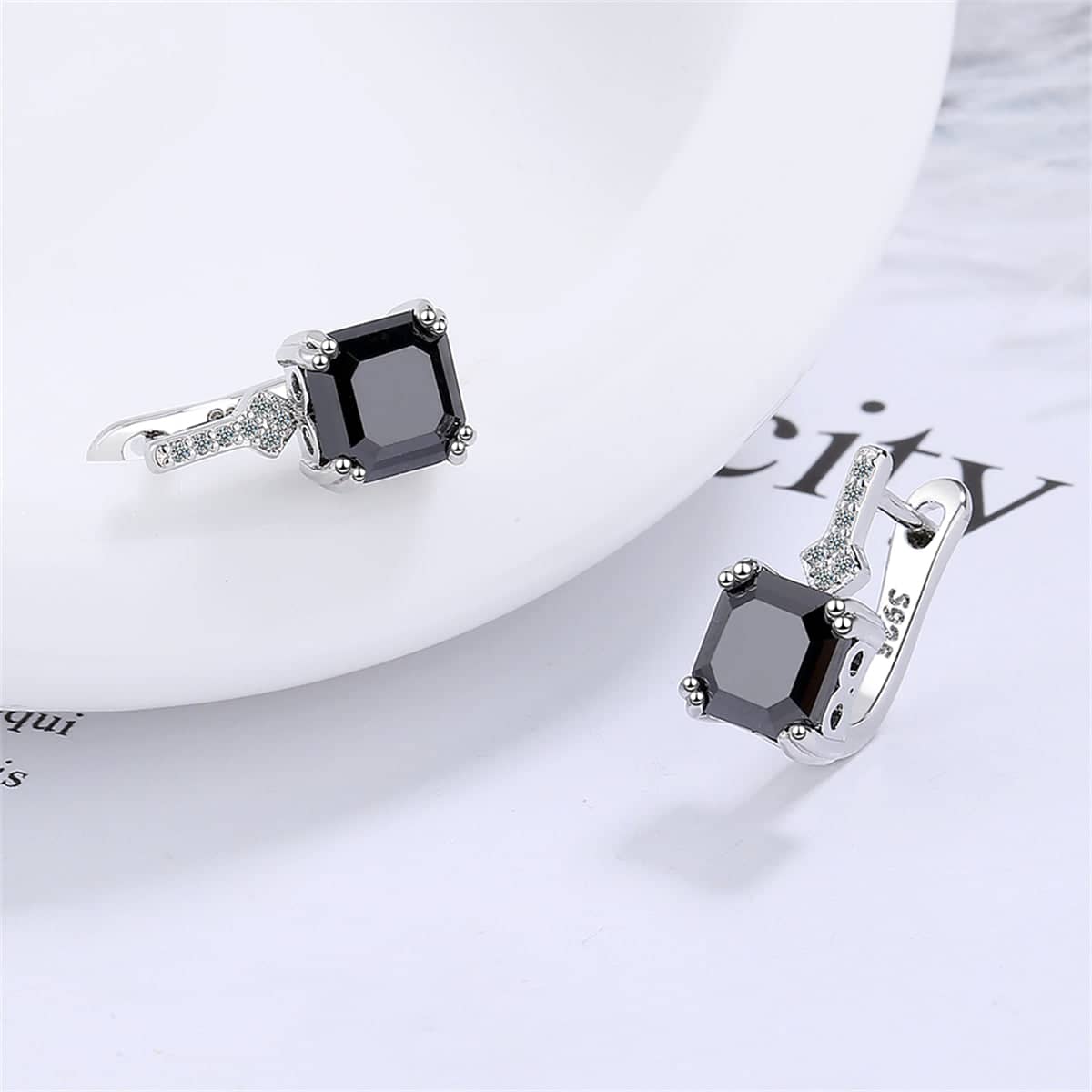 Black Crystal & Cubic Zirconia Princess-Cut Huggie Earrings