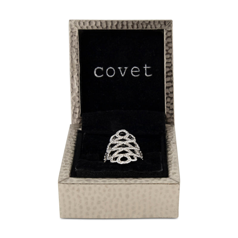 Covet Rhodium Plated Cubic Zirconia Pave Swirl Silver Ring - Size K