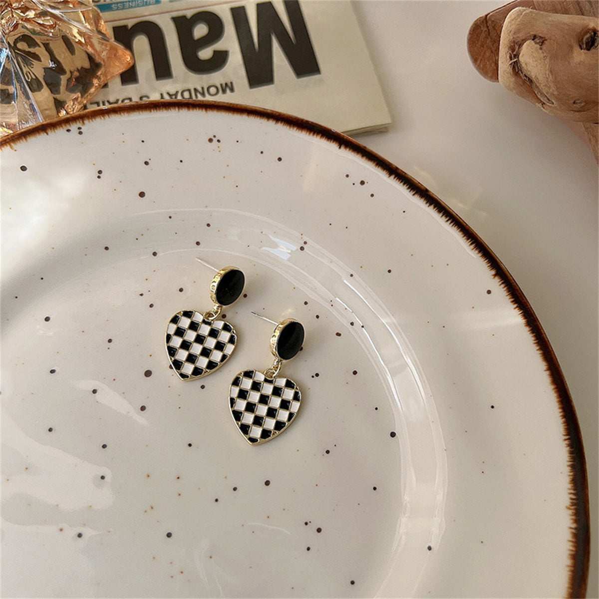 Black & White Enamel Checkerboard Tiered Heart Drop Earrings