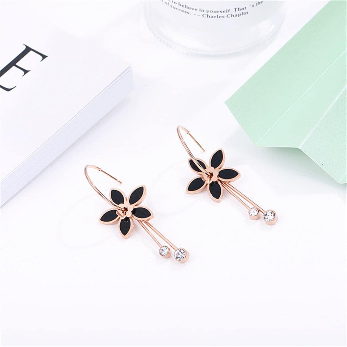 Black Cubic Zirconia & Rose Goldtone Flower Drop Earrings