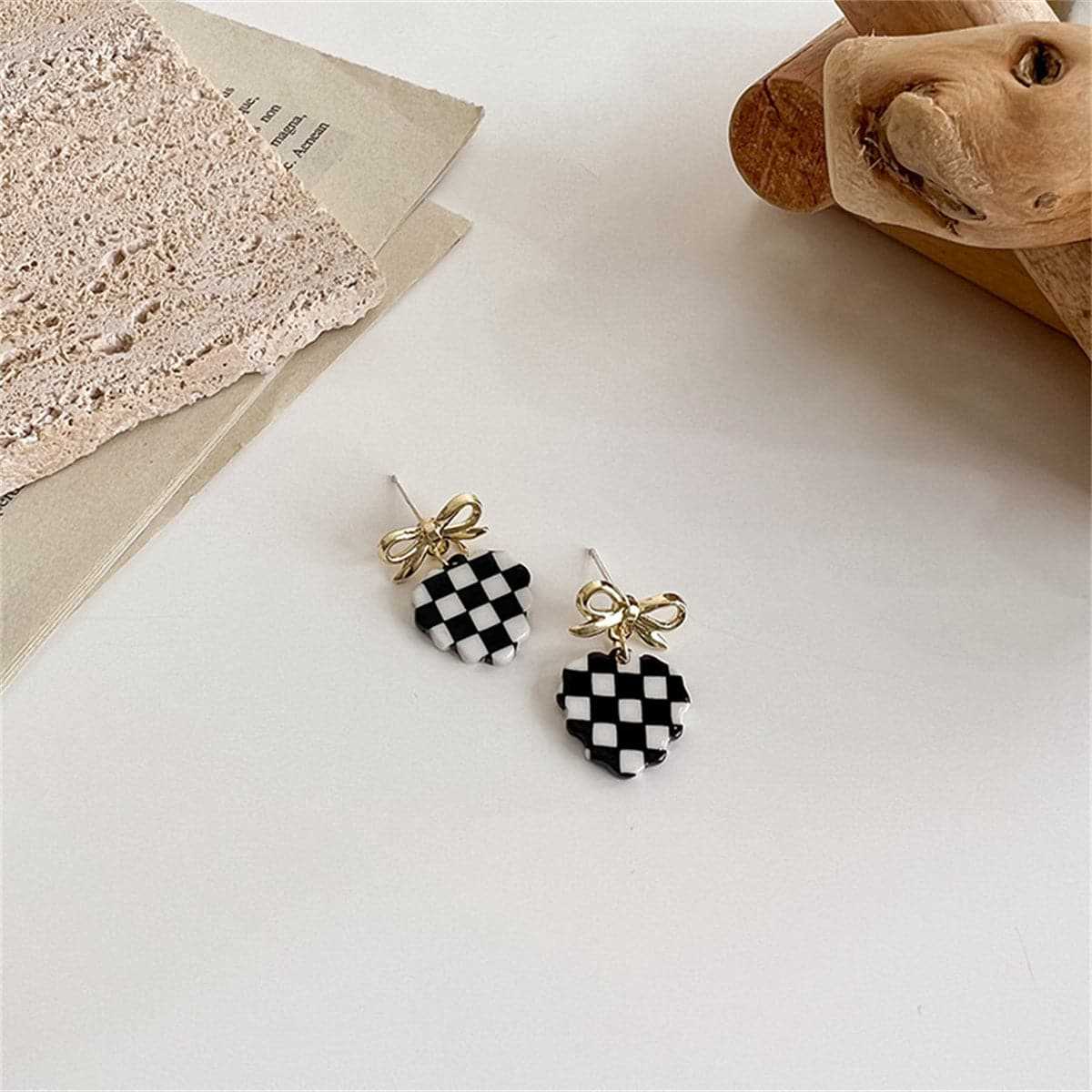 Black & White Acrylic Checkerboard Bow Heart Drop Earrings