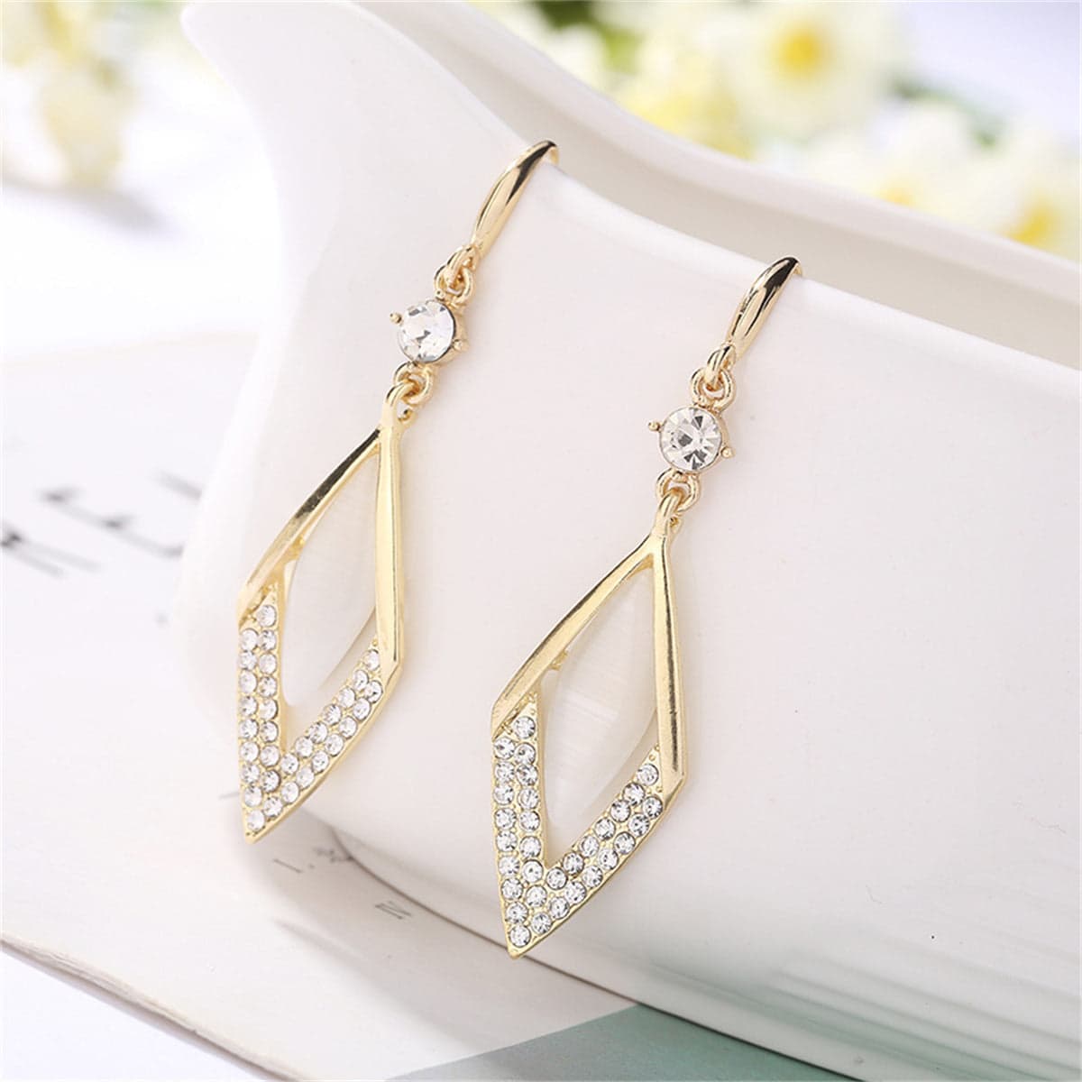 Cat's Eye & Cubic Zirconia Goldtone Rhombus Drop Earrings