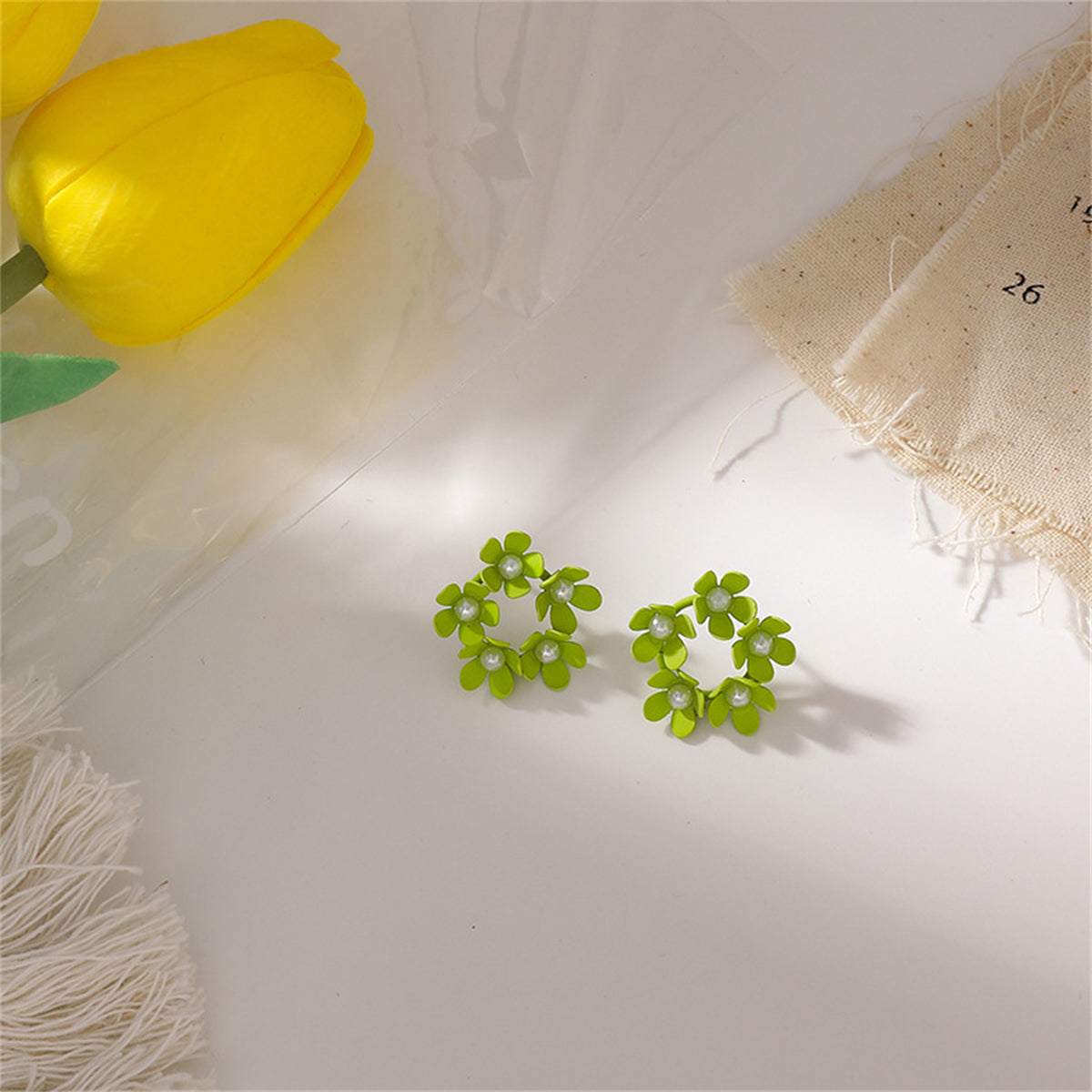Pearl & Green Enamel Floral Garland Stud Earrings