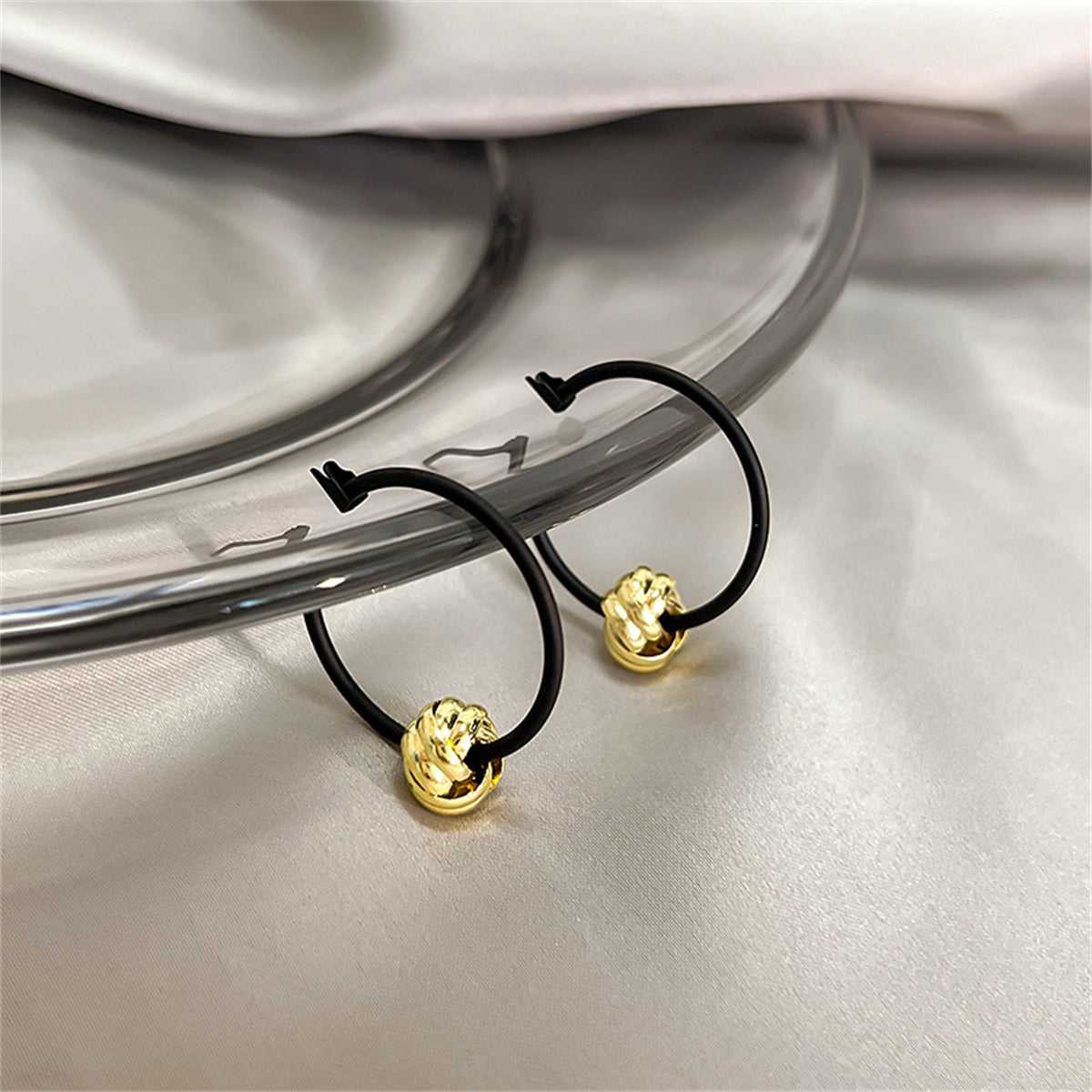 Black & Goldtone Ball Hoop Earrings