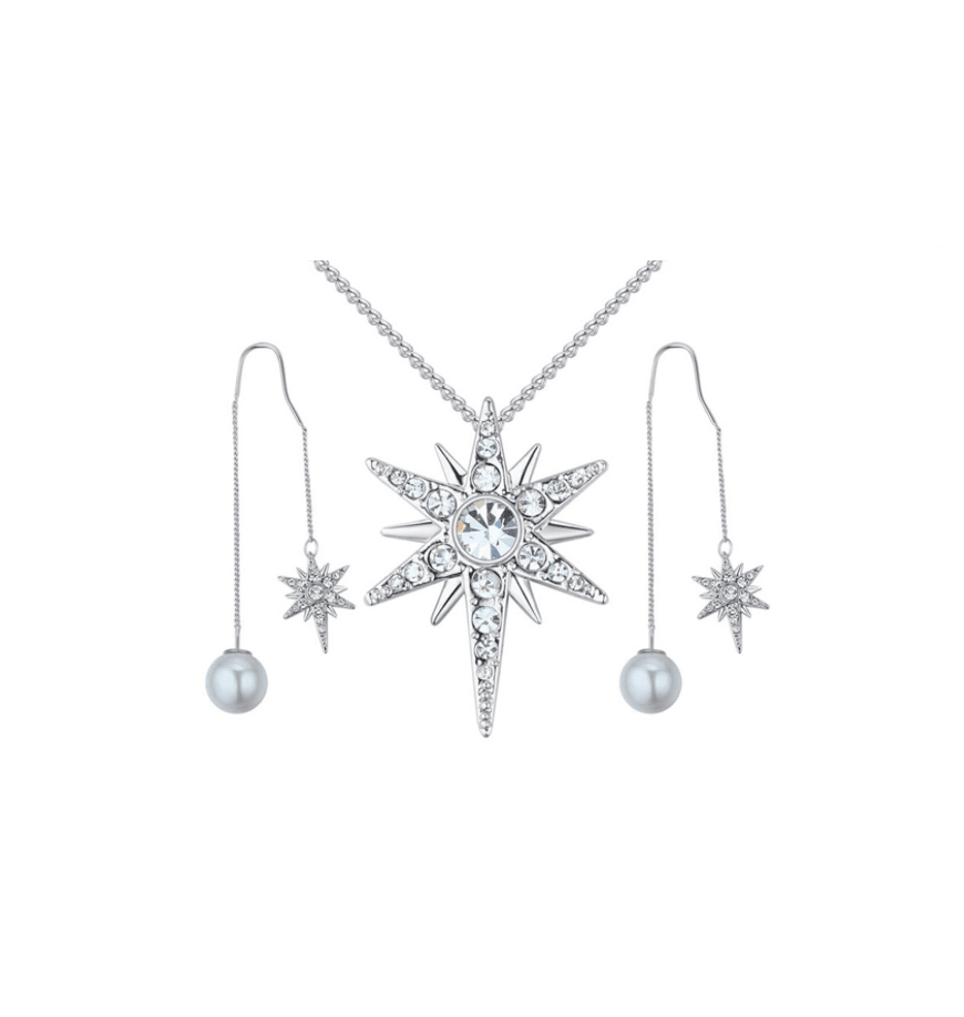 Clear Swarovski Crystal Necklace Earrings – Silvertone North Star Necklace Earrings Set With Swarovski Crystals