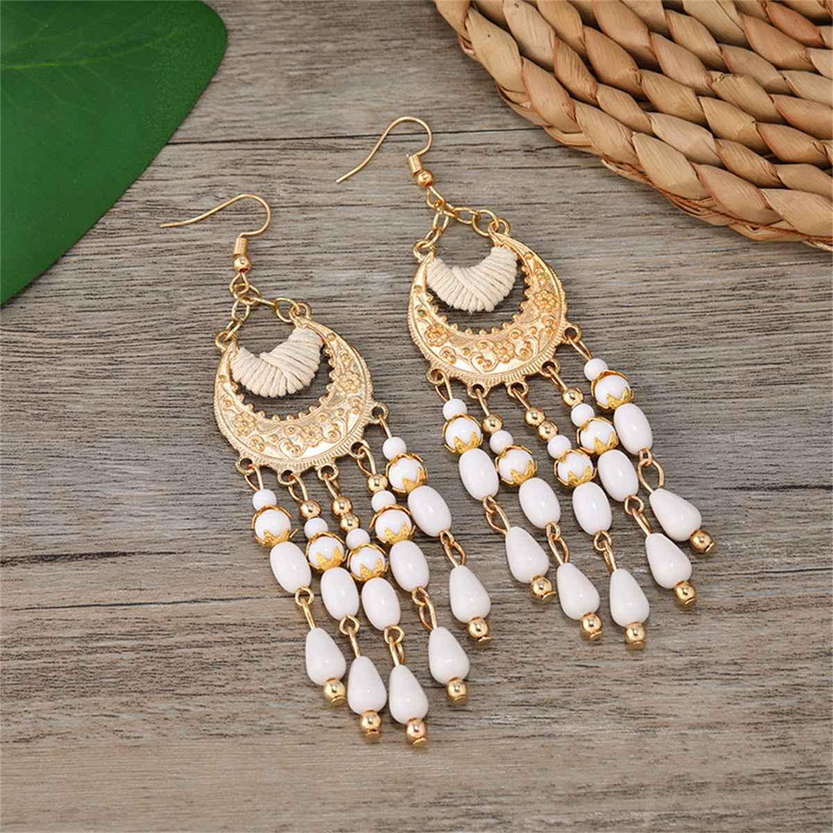 White Resin & Polyster Goldtone Tassel Drop Earrings