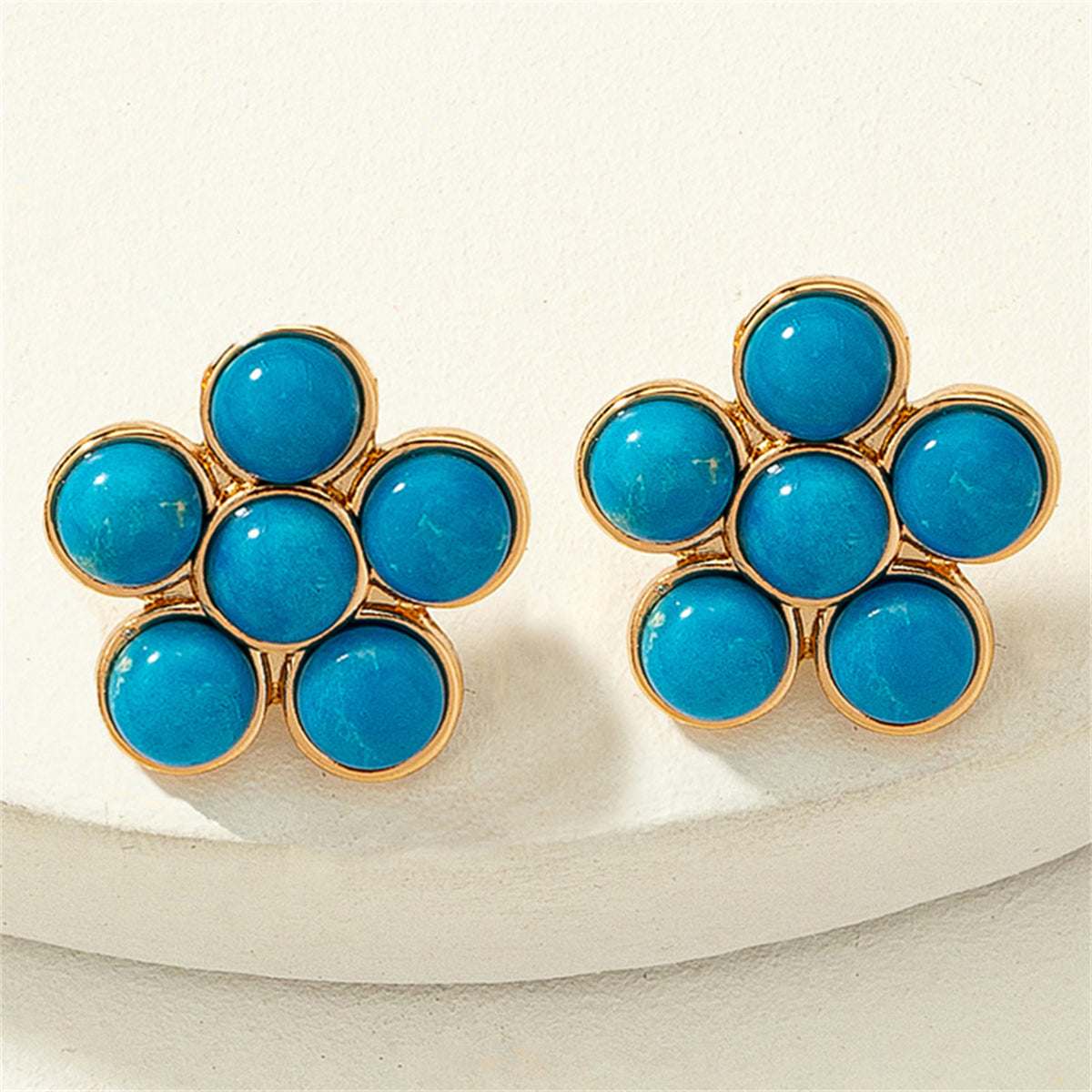 Turquoise & Goldtone Flower Stud Earrings