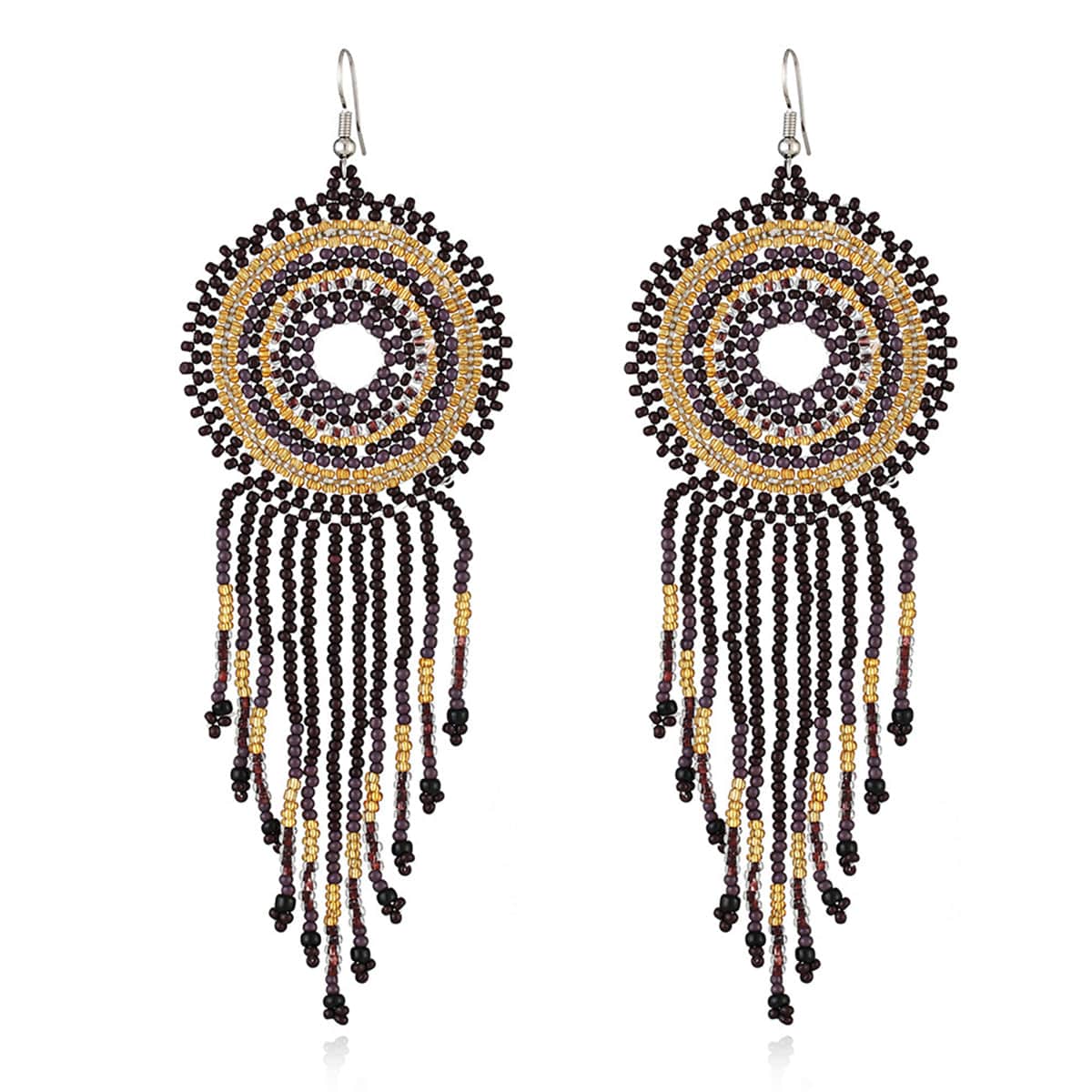Black & Golden Howlite Round Tassel Drop Earrings