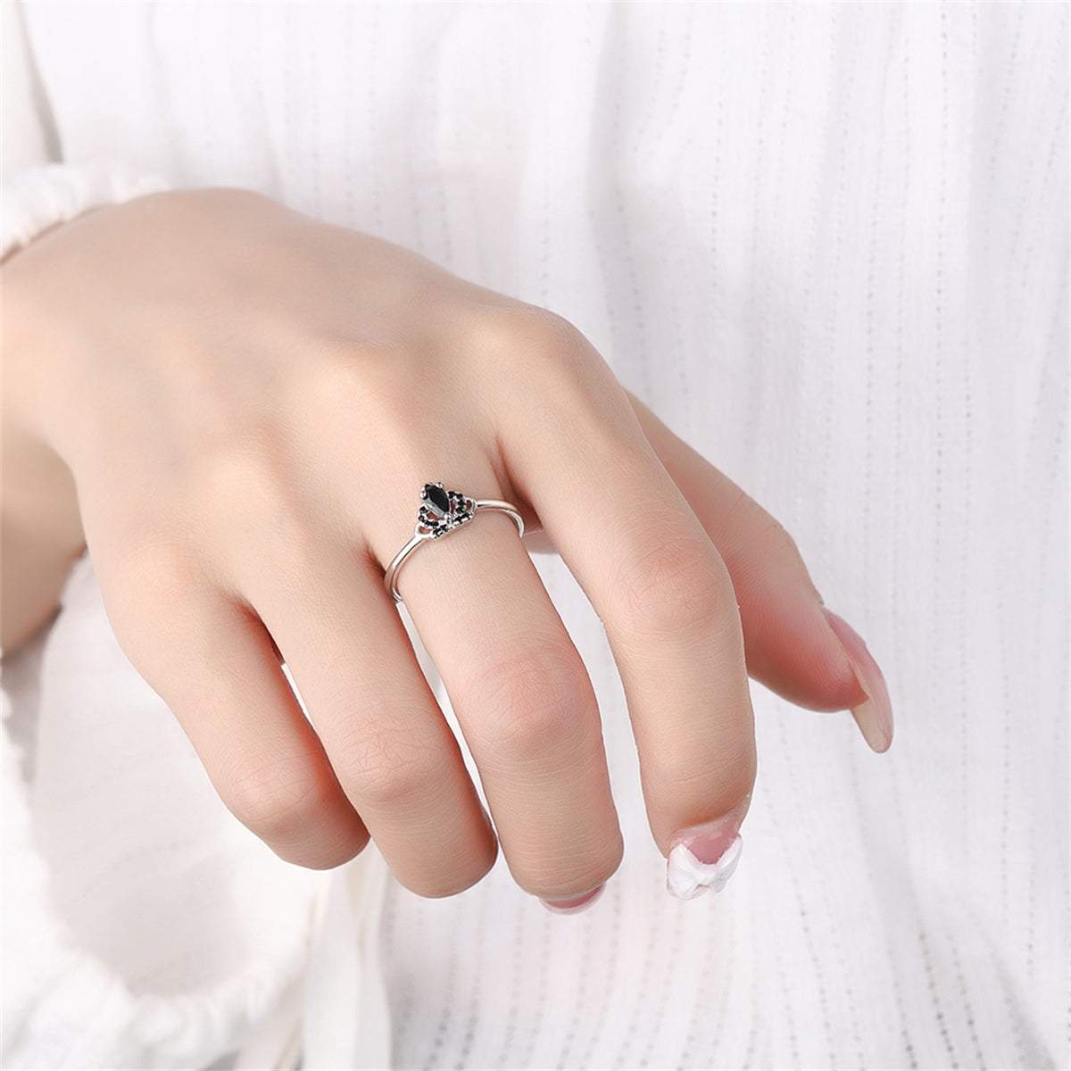 Black Cubic Zirconia & Silvertone Crown Open Ring