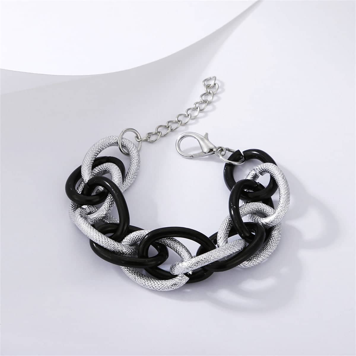 Black Acrylic & Silvertone Interlocking Chain Bracelet
