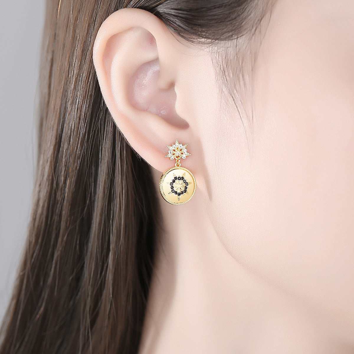 Black Cubic Zirconia & Goldtone Flower Round Drop Earrings