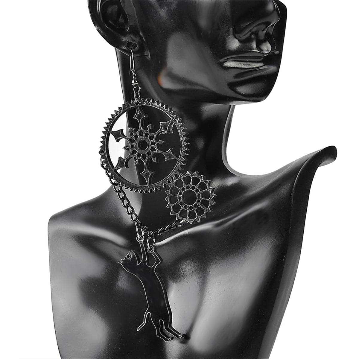 Black Cat & Gear Drop Earrings
