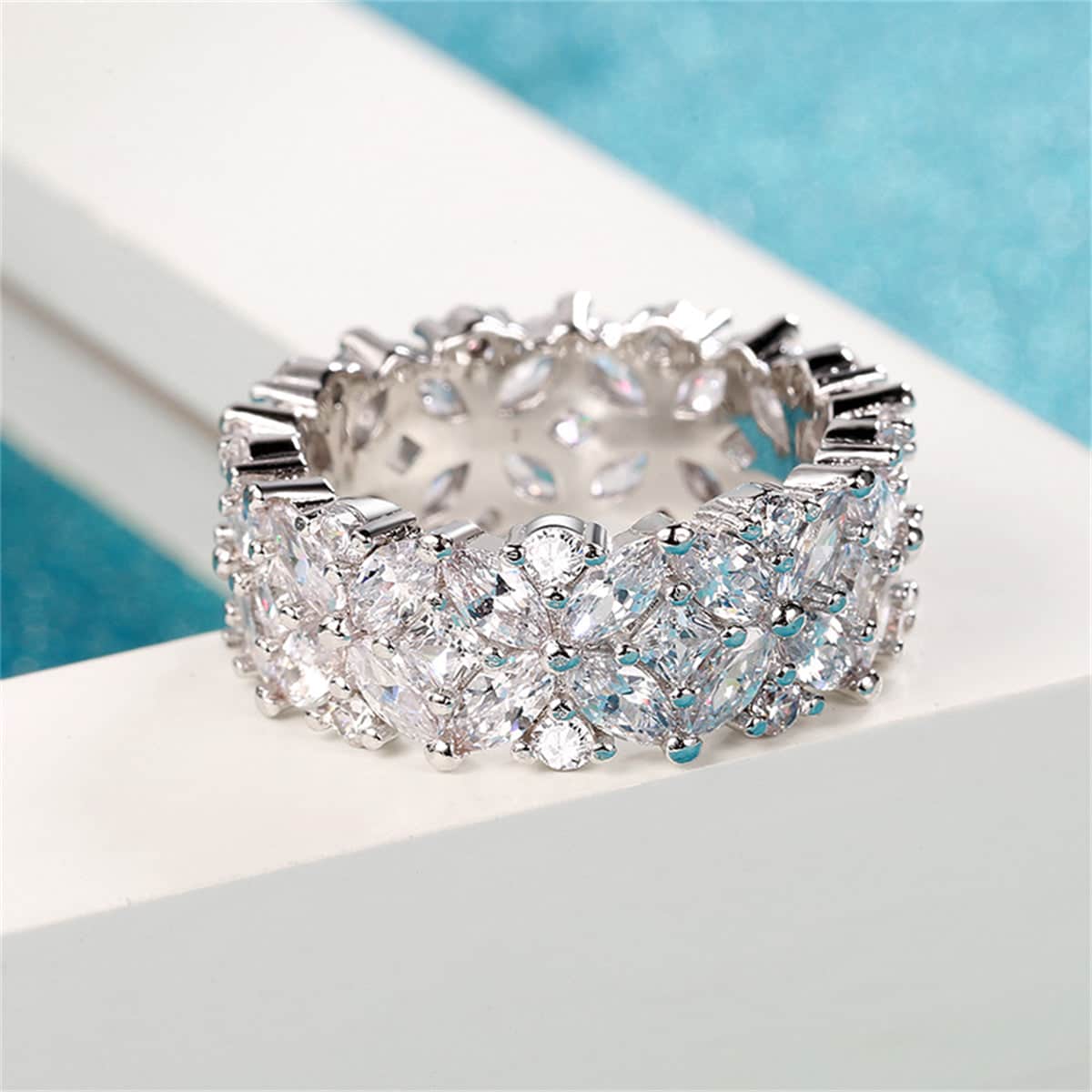 Crystal & Cubic Zirconia Silvertone Flower Band Ring